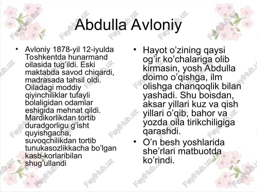 r sinfdan ikkinchisiga o’tishdagi imtihonni joriy etdi, ta’lim tizimining dunyoviy yo’nalishini kuchaytirishda alohida e’tibor berdi. uning “birinchi muallim” (1909), “ikkinchi muallim” (1912) nomli darsliklari hamda “turkiy guliston yoxud axloq” (1913) nomli qo’llanmasi o’z davrida yoshlarni yangicha yo’nalishda o’qitish va an’anaviy milliy ruh asosida tarbiyalashda katta ahamiyatga ega masalan, bolalarga bag’ishlangan “vatan” (1916) she’rida dunyodagi eng ulug’ va muqaddas tushuncha vatandir, vatanga sadoqatli bo’lmoq, abdulla avloniy ko’plab she’rlar, she’riy to’plamlar muallifidir. uning she’rlarida vatanparvarlik, marifatparvarlik va milliy-ozodlik taronalari alohida o’rin tutadi. marifatli va ilmli bo’lish har bir xalqning taqdiri va taraqqiyotini belgilaydigan omildir, deydi o’nlab she’rlarida avloniy. abdulla avloniy hayot faoliyati turkistonda yuritilayotgan istibdod siyosatiga ham, o’lkaning o’zidagi yurtfurush amaldorlarning zulm – zo’ravonligiga bir kun kelib chek qo’yishini aytadi. avloniy faoliyatida gazetachilik, teatr ishlari, o’qituvchilik alohida o’rin tutadi. u oktyabr o’zgarishiga qadar “shuhrat” (1907), “turon” (1917) nomli gazetalarni chiqardi, ma’lum muddat turkistonning ilg’or va mashhur gazetasi “sadoi turkiston”da faoliyat ko’rsatdi, sho’rolar …