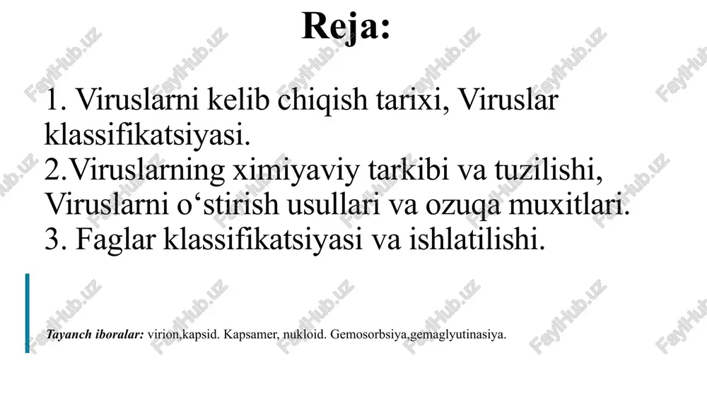 adi. 2-gipoteza 2-gipoteza bo‘yicha viruslar xujayrali xayot bo‘lguncha paydo bo‘lgan qadimgi avlodlar deyiladi. 3-gipoteza 3-gipotezada viruslar xujayraning genetik elementlaridan paydo bo‘lishgan, bular avtonom xolda bo‘lgan , shuning uchun viruslarning genetik materiali (dnk, rnk) xar xil, chunki ular shu elementlarning qaysi birlaridandur paydo bulgan va shu ning uchun xar xil degan taxminlarni aytadilar. ‹#› 6 viruslar klassifikatsiyasi virusologiya tabiatda nixoyatda keng tarqalgan va nixoyatda mayda bo‘lgan viruslar to‘g‘risidagi fandir. virus virus so‘zi xayvon zaxari ma’nosini bildirib, bu l.paster tomonidan berilgan. viruslar ko‘pgina yuqimli kasalliklarning sababchilari ekanligi aniqlangan. ‹#› 7 1892 yilda d.i.ivanovskiy tomonidan tamakining mozaik kasalligining sababchisi viruslar ekanligini birinchi bo‘lib isbotladi.virusologiya fanining rivojlanishida olimlardan morozov m.a., zilber l.a.,chumakov m.p.,smorodinsov a.a., jdanov v.m.lar ishlari nixoyatda katta axamiyatga ega. ‹#› 8 slayd s tsitatoy i izobrajeniem viruslar odam, xayvon, xashorat o‘simlik, zamburug‘lar va bakteriyalarning qattiy xujayra ichida yashovchi parazitlari bo‘lib, oqsilni sintezlash, ferment va energiya xosil qilish xususiyatiga ega emas. viruslar struktura …