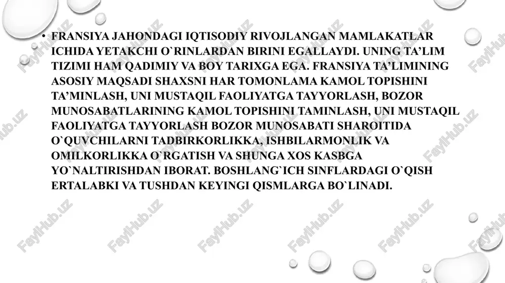 giya bilimgohlari; oliy tibbiyot o`quv muassasalari; oliy badiiy maktablar; o`zluksiz ta’lim [malaka oshirish] oliy ta’lim beruvchi universitetlar o`z talabalariga uch siklda bilim beradilar. birinchi sikl umumiy yoki biror texnik yoki ilmiy sohada oliy ma’lumot olish bilan yakunlanib, o`qish ikki yil davom etadi. talabalar uni metriz, magistr darajalari bilan yakunlaydilar. uchinchi siklda o`qish bir ikki yil davom etadi. biron-bir predmetni chuqurlashtirib o`rganilganligi haqida diplom (bir yil); ixtisoslashtirilgan oliy ma’lumot to`g`risida diplom (bir yil); uchinchi sikl doktorlik dissertasiyasi (bir, ikki yil); davlat doktorlik dissertasiyasi-biron-bir sohani mukammal o`rganib, dissertasiya yozish kabi hujjatlar olish mumkin. fransiyada oliy ma’lumot va ixtisos beruvchi oliy texnalogik institutlar mavjud. ular odatda sanoat, maishiy xizmat ko`rsatish, informatika mutaxassisliklariga ixtisoslashtirilgan. o`qish muddati 2 yil bo`lib, darslar haftasiga 30-35 soatni tashkil etadi. o`qish davomida 8 haftalik ishlab chiqarish amaliyoti ham ko`zda tutilgan. fransiyada mingdan ortiq ana shunday insitutlar faoliyat ko`rsatib, qishloq ho`jaligi ishlab chiqarishi, san’at, informatika, ma’muriy boshqaruv, buxgalterlik hisobi, amaliy …