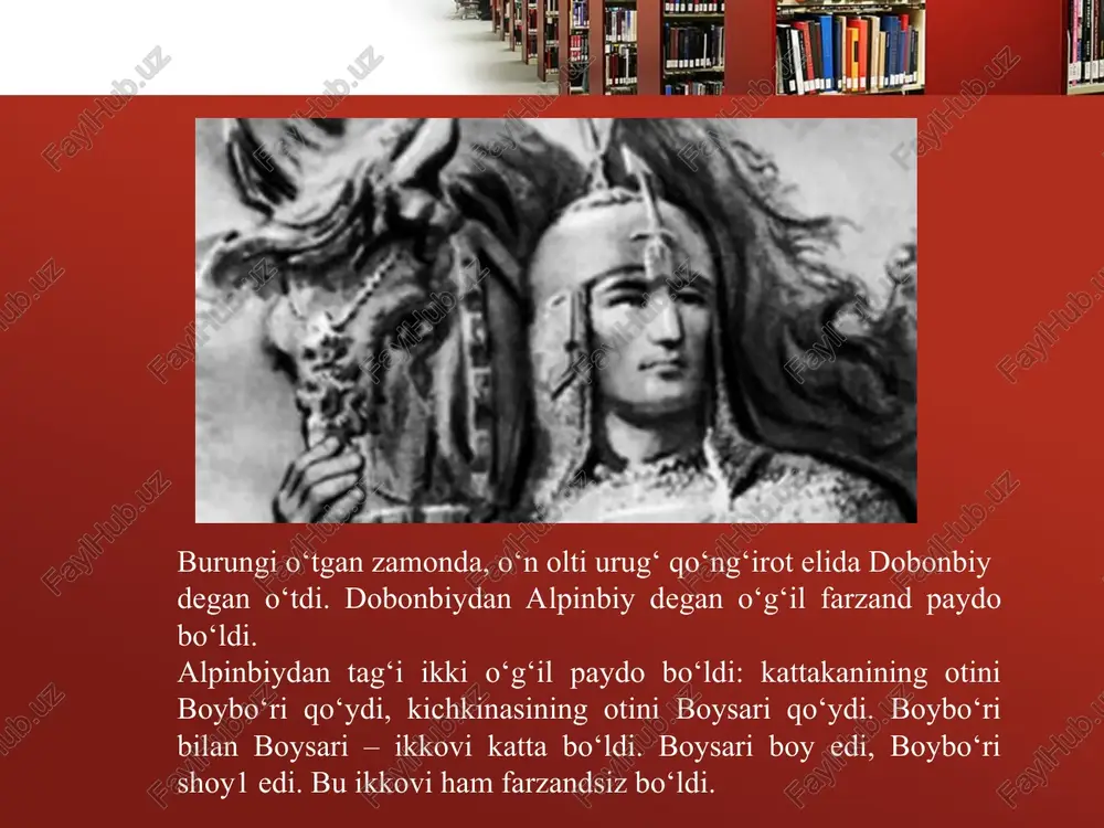 uyli qo‘ng‘irot eliga qarab: “endigi maslahat nima bo‘ldi?” — deb turgan ekan: oh urganda ko‘zdan oqar selob yosh, maslahat ber, o‘n ming uyli qarindosh, qo‘ng‘irot eldan molga zakot kelibdi, maslahat ber, o‘n ming uyli qarindosh! qursin, hakimbegi mulla bo‘libdi, bezakot mol arni harom bilibdi, qo‘ng‘irot eldan molga zakot kelibdi, maslahat ber, o‘n ming uyli qarindosh. dardli qul dardimni kimga yoraman, ayriliq o‘tiga bag‘ri poraman, mina1 elda sig‘indi bo‘p turaman, o‘z akama qanday zakot beraman?! maslahat ber, o‘n ming uyli qarindosh! mina elda men ham bekman, to‘raman, o‘z akama qanday zakot beraman?! o‘z akama o‘zim zakot berguncha, qalmoq borib juz’ya2 berib yuraman... ana shunda boysaribiy bu so‘zlarni aytdi. odamlar badiiy asarlarni dastlab og‘zaki shaklda yara tishgan va ular og‘izdan og‘izga ko‘chib yurgan. bu asarlar ulkan ta’sir kuchiga ega bo‘lgani uchun ham xalqimiz xotirasida abadiy muhrlanib bizlargacha yetib kelgan. shu sababdan xalq og‘zaki ijodi badiiy adabiyot ning eng qadimgi shakli deyiladi. o‘zbeklar …