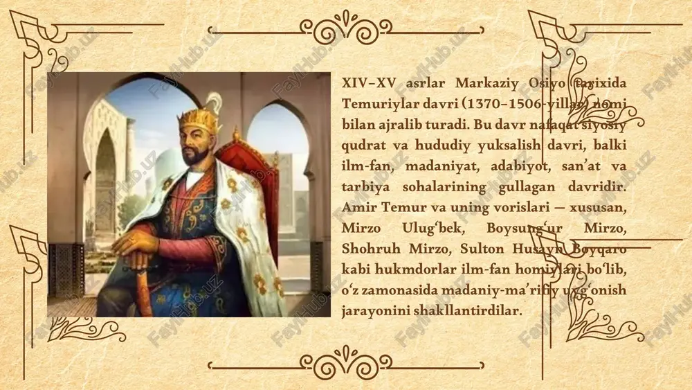 iyotlar qilgan. uning “miftah al-hisob” asari asrlar davomida darslik sifatida ishlatilgan. qazizoda rumiy – ulug‘bekning ustozlaridan biri, ilmiy hisoblashlarda muhim rol o‘ynagan. ali qushchi – ulug‘bekning shogirdi, astronomiya va fizika ilmini istanbulda davom ettirgan. ulug‘bek rahbarligida yaratilgan “ziji jadidi ko‘ragoniy” asari sharq astronomiyasining eng yirik yutug‘i bo‘lib, unda 1018 ta yulduzning koordinatalari aniq hisoblab chiqilgan. bu asar evropa astronomiyasiga ham katta ta’sir ko‘rsatgan. temuriylar davrida tarbiya tizimi temuriylar zamonida tarbiya islomiy va dunyoviy qadriyatlar uyg‘unligiga asoslangan edi. maktab va madrasalarda nafaqat diniy fanlar (fiqh, tafsir, hadis, arab tili), balki dunyoviy fanlar (matematika, mantiq, falsafa, tibbiyot, astronomiya) ham o‘qitilgan. ta’lim-tarbiya mazmuni temuriylar davridagi tarbiya tizimi uch bosqichda shakllangan: boshlang‘ich maktab – qur’on, yozuv, arifmetika, axloq saboqlari. madrasalar – yuqori bosqichda falsafa, mantiq, adabiyot, fiqh, geometriya. ilmiy markazlar – rasadxonalar, kutubxonalar, ilmiy majlislar. bu tizimda aql, odob, halollik, mehnatsevarlik, vatanparvarlik kabi fazilatlarni shakllantirish asosiy maqsad bo‘lgan. alisher navoiy va tarbiya falsafasi alisher …
