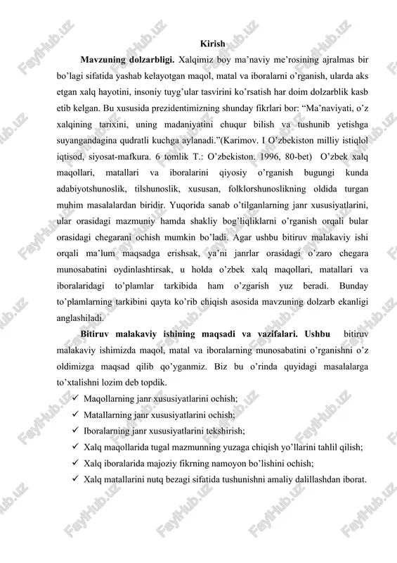 rini ochish; · matallarning janr xususiyatlarini ochish; · iboralarning janr xususiyatlarini tekshirish; · xalq maqollarida tugal mazmunning yuzaga chiqish yo’llarini tahlil qilish; · xalq iboralarida majoziy fikrning namoyon bo’lishini ochish; · xalq matallarini nutq bezagi sifatida tushunishni amaliy dalillashdan iborat. ushbu bitiruv malakaviy ishida janrlar orasidagi munosabat tadqiq etilib, maqol, matal va iboralarning o’ziga xos jihatlari, g’oyaviy- badiiy xususiyatlari o’zbek xalqi ma’naviyatida tutgan o’rni yoritib beriladi. mavzuning o’rganilish darajasi. o’zbek xalq maqollarini to’plash va o’rganish xi asrda mahmud koshg’ariy tomonidan boshlab berilgan. uning “devoni lug’otit turk” asarida 268 ta maqol keltirib o’tilgan. chin ma’noda xalq maqollarini o’rganish, ularga qiziqish, to’plash xx asrdan boshlandi. o’zbek xalq maqollarini to’plash va nashr qilishda missioner n. g. ostroumovning xizmati katta. 1922-yilda g’ozi olim yunusov o’zbek xalq maqollarini to’pladi. keyinchalik mulla bekjon rahmon o’gli tomonidan xorazmda to’plangan 560 maqolni o’z ichiga olgan “o’zbekcha otalar so’zi” 1923-yilda nashr etildi. sherali ro’zi esa “o’zbek maqollari” nomli to’plamini …