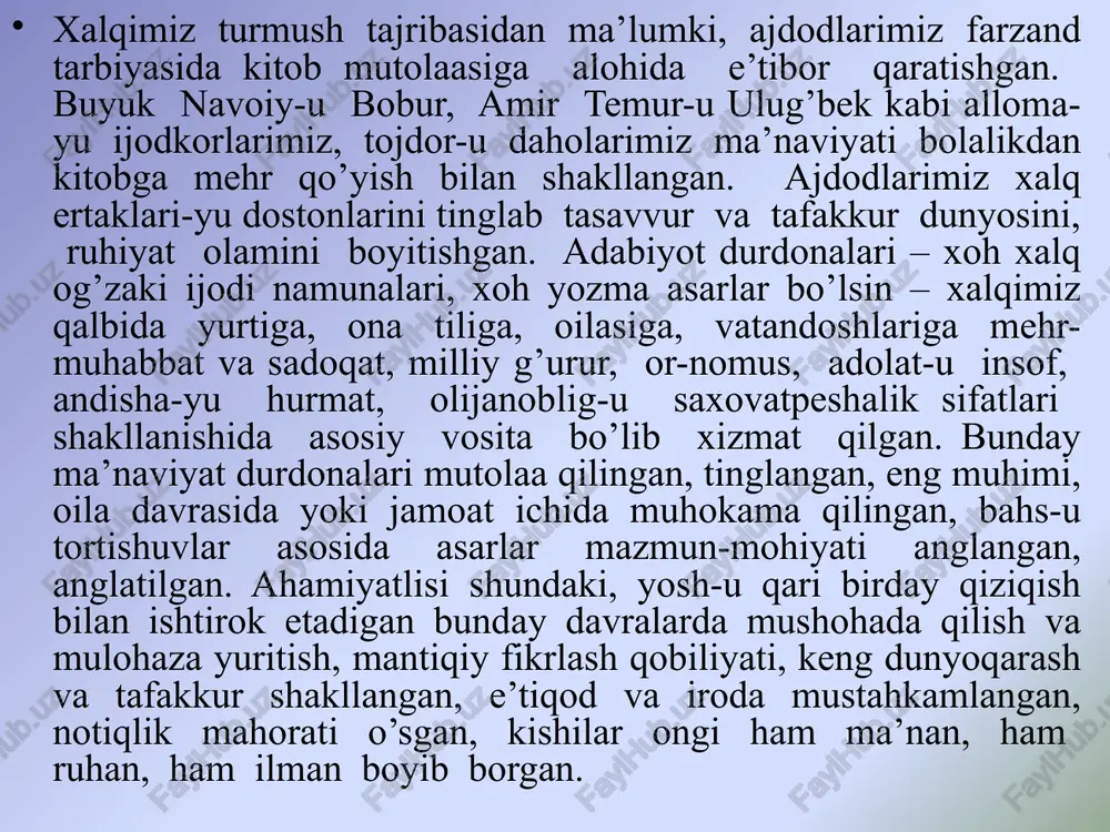 bo‘yicha tashkiliy-huquqiy mexanizmlarni takomillashtirish chora-tadbirlarini amalga oshirish; ikkinchi bosqich — 2022-2023-yillarda kitobxonlikka oid infratuzilmani mustahkamlash; uchinchi bosqich — 2024-2025-yillarda yoshlarning kitobxonlik madaniyatini jadal rivojlantirish, ularning intellektual salohiyati o‘sishi hisobiga inson kapitali sifatini yaxshilash. buyuk alloma, haqiqiy vatanparvar, yuksak salohiyatli ustoz najmiddin kubro “muvaffaqiyatni sa’y-harakatda, muvaffaqiyatsizlikni esa loqaydlik va dangasalikda ko’rdim” degan ekanlar. har bir ota-ona farzandining nafaqat jismoniy, balki ham aqliy, ham ruhiy, ham ma’naviy tarbiyasiga alohida e’tibor qaratishi, yoshiga mos badiiy kitoblar bilan ta’minlab turishi, o’qigan kitoblari yuzasidan ular bilan fikr almashishi, bolani rag’batlantirib borishi lozim. kitob va kitobxonlikka eng yuqori darajadagi bu eʼtibor bejiz emas, balki mamlakat ertangi kuni, uning egasi boʻlmish yosh avlod maʼnaviy olami, rostgoʻylik, mulohazakorlik, adolatpeshalik, illatlarga murosasizlik, mantiqiy fikrlay olish fazilatlaridan xavotir taqozosidir. zero, mutolaaga bogʻlangan koʻngil kitobdan behad ulugʻ maʼnaviy ozuqa oladi. unda yaratilgan obrazlar baxtidan quvonadi, tashvishi, xato va kamchiliklaridan iztirob chekadi, odob-axloq va tarbiyasidan namuna, sabr va matonatidan ruhiy quvvat oladi. …