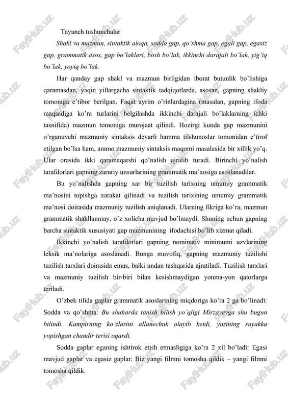 ndi. kampirning ko’zlarini allanechuk olayib ketdi, yuzining suyakka yopishgan chandir terisi oqardi. sodda gaplar eganing ishtirok etish etmasligiga ko’ra 2 xil bo’ladi: egasi mavjud gaplar va egasiz gaplar: biz yangi filmni tomosha qildik – yangi filmni tomosha qildik. sodda gaplar ikkinchi darajali bo’laklarning ishtirokiga ko’ra 2 ga bo’linadi: sodda yig’iq gap (kamola kirib keldi), sodda yoyiq gap: (kamola darvozadan shoshilib kirib keldi). o’zbek tilida gapda so’zlar o’zaro grammatik munosabatga kirishib gap bo’laklarini hosil qiladi. har bir gap bo’ladi boshqa gap bo’laklari bilan bo’lgan grammatik munosabatiga ko’ra belgilanadi, ya’ni har bir gap bo’lagi o’zi munosabatga kirishgan so’z bilan ma’lum sintaktik aloqada bo’ladi: dildora kechagi uchrashuv haqida zavqlanib gapirdi – bu gapda so’zlar qo’yidagicha sintaktik aloqaga kirishgan: 1. dildora gapirdi. 2. zavqlanib gapirdi. 3. uchrashuv haqida gapirdi. 4. kechagi uchrashuv. kesim gapning asosini tashkil qiluvchi markazdir. ega kesimga ergashib, kesimda ifodalangan ish harakatning bajaruvchisini ko’rsatadi. kesim qaysi so’z turkumi bilan ifodalanishiga ko’ra …