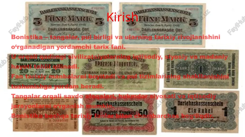 i, metall tarkibi va ishlash texnologiyasini aniqlash. savdo yo‘llari va iqtisodiy aloqalarni o‘rganish. hukmdor siyosati va pul siyosatini tadqiq qilish. tangalar yuzasidagi yozuvlar va nishonlarni tahlil qilish. madaniy va san’at merosini saqlash va tadqiq qilish. bonistika tarixi bonistika qadimiy davrlardan boshlab rivojlangan. dunyoning turli sivilizatsiyalarida tangalar ishlab chiqarilgan. qadimgi misr, mesopotamiya, hindiston va xitoyda tangalar iqtisodiy va siyosiy hayotda asosiy vosita bo‘lgan. tangalar hukmdorlar hokimiyatini mustahkamlash va savdo aloqalarini tartibga solishda ishlatilgan. ularning tarixi savdo, madaniyat va siyosiy munosabatlarni o‘rganishga imkon beradi. qadimgi yevropa tangalari qadimgi yunoniston va rim imperiyasida tangalar rasmiy pul tizimi sifatida ishlatilgan. tangalar metall tarkibi va nishonlari bilan davr hukmdorini aks ettirgan. rim tangalari savdo yo‘llarini rivojlantirish va imperiya iqtisodini boshqarishda muhim rol o‘ynagan. yevropa tangalari orqali siyosiy va iqtisodiy tarixni aniqlash mumkin. ular numizmatik tadqiqotlarda asosiy manba sifatida foydalaniladi. osiyo va hindiston tangalari hindiston va xitoyda tangalar qadimdan ishlab chiqarilgan. tangalar metall turi, vazni va …