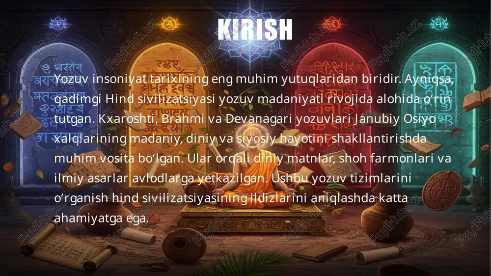 h tizimi va yozilish uslubi jihatidan farq qilsa-da, ularni umumiy madaniy ildiz bog‘lab turadi. har bir yozuv o‘z davrining madaniy darajasini ifoda etadi. tadqiqot manbalari va o‘rganish tarixi bu yozuv tizimlarini o‘rganish xix asrda yevropa va hind olimlari tomonidan boshlangan. aleksandr kann, jorj byuler, jeyms prinsep kabi tadqiqotchilar kxaroshti va brahmi yozuvlarini o‘qishga muvaffaq bo‘lganlar. keyinchalik, hind epigrafika va paleografiya fanlari bu yozuvlarning rivojlanish bosqichlarini aniqlab berdi. bugungi kunda zamonaviy texnologiyalar yordamida bu tizimlar yanada chuqur o‘rganilmoqda. kxaroshti yozuvining kelib chiqishi kxaroshti yozuvi miloddan avvalgi iii asrda hozirgi pokiston va afg‘oniston hududlarini o‘z ichiga olgan gandxara mintaqasida paydo bo‘lgan. bu yozuv aramiy yozuvidan kelib chiqqan bo‘lib, eron ahamoniylar imperiyasi davrida mintaqaga kirib kelgan yozuv tizimlari asosida shakllangan. kxaroshti dastlab davlat boshqaruvi va diniy hujjatlarda ishlatilgan, keyinchalik savdo, qonun va shaxsiy yozishmalarda ham qo‘llanilgan. ashoka farmonlari va kxaroshti yozuvi buyuk mauriya podshohi ashoka (mil. avv. 273–232-yillar) davrida kxaroshti yozuvi keng qo‘llanila …