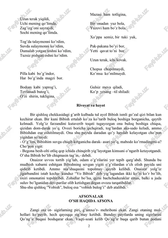 hiqsa, qizidan dom-darak yo’q. ovozi boricha qichqiradi, tog’lardan aks-sado keladi, ammo bibishdan esa eshitilmaydi. ona shu paytda daradan qo’y haydab kelayotgan cho’pon yigitdan so’raydi: - o’g’lim, bibishim suvga chiqib ketganicha darak- asari yo’q, mabodo ko’rmadingmi-a? cho’pon yigit: - begona besh-olti otliq qop ichida chinqirib yig’layotgan kimsani o’ngarib ketayotgandi. o’sha bibish bo’lib chiqmasin tag’in,- debdi. onaizor uvvos tortib yig’lab, odam o’g’rilarini yer tepib qarg’abdi. shunda bu mudhish xabarni eshitgan bibishning sevgan yigiti o’g’rilardan o’ch olish payida uni qidirib ketibdi. ammo ma’shuqasini topolmay qaytib kelibdi. onaizor yolg’iz jigarbandini istab kecha- kunduz “vo bibish” deb yig’lagandan ikki ko’zi ko’r bo’lib, oxiri omonatini topshiribdi. zohidlar bo’lsa, qizni bachchaduzaklar emas, balki u juda suluv bo’lganidan dev-parilar olib ketishgan degan ovoza tarqatibdilar. shu-shu qishloq “vobish”, buloq esa “vobish bulog’i” deb atalibdi. afsonalar o’sh haqida afsona zangi ota ot- sigirlarning piri, g’amxo’r- mehriboni ekan. zangi otaning mol- hollari ko’payib, hech qayoqqa sig’may ketibdi. bunday paytlarda uning sigirlarini …