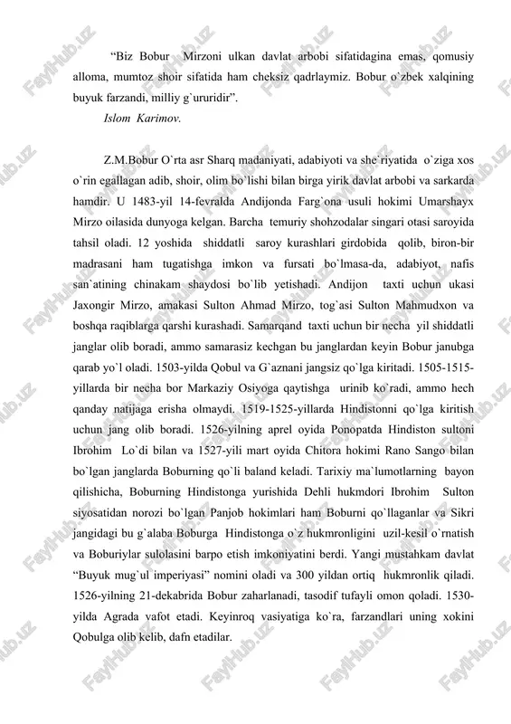 kam davlat “buyuk mug`ul imperiyasi” nomini oladi va 300 yildan ortiq hukmronlik qiladi. 1526-yilning 21-dekabrida bobur zaharlanadi, tasodif tufayli omon qoladi. 1530-yilda agrada vafot etadi. keyinroq vasiyatiga ko`ra, farzandlari uning xokini qobulga olib kelib, dafn etadilar. bobur qisqa vaqt ichida hindistonda siyosiy muhitini barqarorlashtirish, hindiston yerlarini obodonlashtirib, birlashtirish, savdo-sotiq ishlarini to`g`ri yo`lga qo`yish, bog`-rog`lar yaratish ishlariga rahbarlik qildi. madaniy yodgorliklar qurish, karvonsaroylar barpo qilish, kutubxonalar qurish bobur va uning o`g`illari davrida keng miqyosda yoyildi. hindiston me`morchiligiga markaziy osiyo uslubi kirib kela boshladi. bobur va uning hukmron avlodlari huzurida o`sha davrning ilg`or va zehni o`tkir olimlari, shoirlari, musiqashunoslarini mujassam etgan mukammal bir ma`naviy-ruhiy muhit vujudga keldi. bobur hindistonda katta hajmdagi davlat ishlari bilan bir qatorda o`zining adabiy-badiiy faoliyatini ham davom ettirdi. 1503-yilda “xatti boburiy” ni yaratdi. 1521-yilda “mubayyin al-zakot”, 1523-25-yillarda “muxtasar”, “xarb ishi”, “musiqa ilmi” (topilma), “volidiyya” asarlarini, 1519-yilda 1-devon “qobul devoni” ni, 1528-29-yillarda 2-devon “hind devoni” ni yaratdi. “tuzuki boburiy”, …