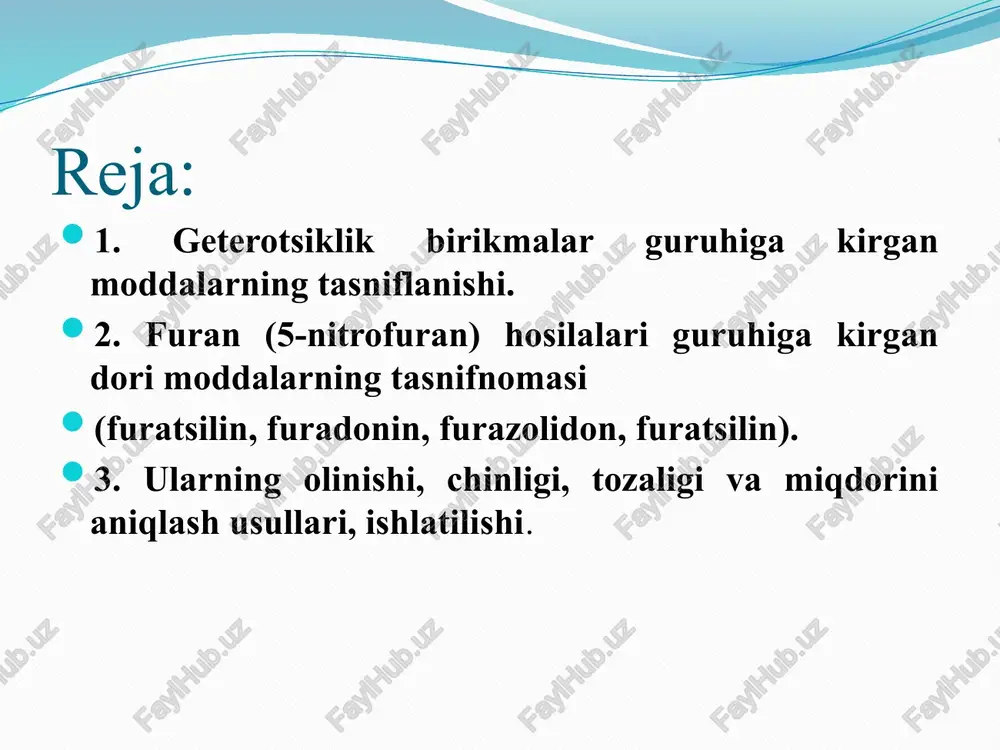 y aldegidi va sirka kislotaning hidi sezilmasligi kerak. furagin tarkibida xususiy yot modda sifatida 5-nitrofurilakrolein ga tekshirib ko’riladi. buning uchun dori modda benzol bilan chayqatilib, filtrlanadi. filtratga koh ning spirtdagi eritmasi qo’shilganda, qo’ngir rang hosil bo’lmasligi kerak. buning uchun dori modda benzol bilan chayqatilib, filtrlanadi. filtratga koh ning spirtdagi eritmasi qo’shilganda, qo’ngir rang hosil bo’lmasligi kerak. miqdorini aniqlash 1. furatsilin miqdori yodometrik usul bilan aniqlanadi. 2. furatsilin naoh eritmasi bilan bergan to’q sarik rangli eritmasi bo’yicha fek usul. 3. sf- usul (furatsilin, furadonin, furazolidon, furagin) 4. furadonin va furazolidon naoh eritmasi bilan bergan rangli eritmasi bo’yicha fek usul (furadonin to’q qizil rang), furazolidon dimetilformamiddagi eritmasida binafsha rang hosil qiladi). 5. furadonin suvsiz muhitda kislotali-asosli titrlash usuli. dori moddasining dimetilformamid va dioksan aralashmasidagi eritmasi timol ko’ki ishtirokida ch3ona ning 0,1 n eritmasi bilan titrlanadi. 6. eruvchan furaginning miqdori suvli sharoitda kislotali-asosli titrlash (atsidimetrik) usuli bilan aniqlanadi (ind. bromtimol ko’ki). 7. furadonin …