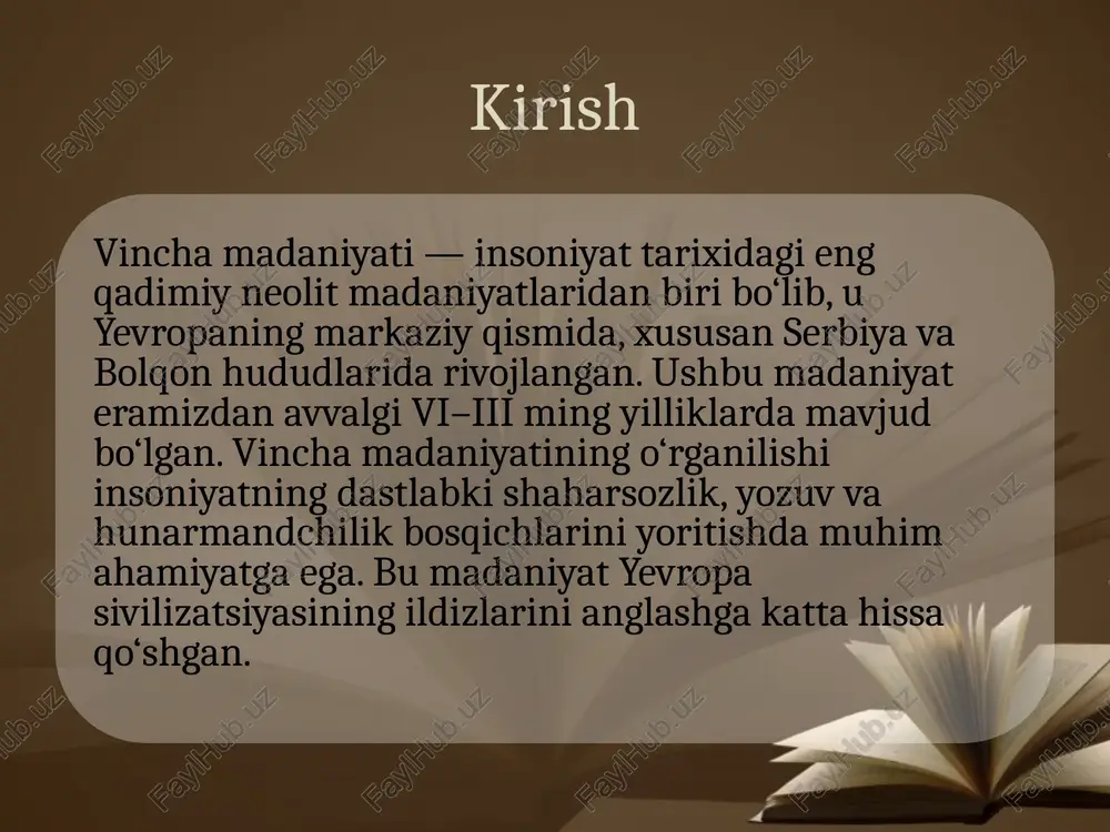 nib, keyinchalik bolqon va markaziy yevropaning boshqa qismlariga ham tarqalgan. bu geografik joylashuv vincha madaniyatini yevropa tarixidagi muhim markazlardan biriga aylantirgan. vincha yodgorliklari haqida umumiy ma’lumot vincha madaniyati yodgorliklari orasida eng mashhurlari — vincha-belo brdo, plochnik, gomolava, selevac va tordosh manzilgohlari hisoblanadi. ushbu joylarda olib borilgan arxeologik qazishmalar natijasida kulolchilik buyumlari, metall qurollar, haykalchalar va yozuvga o‘xshash belgilar topilgan. bu yodgorliklar vincha aholisi o‘z davrida murakkab ijtimoiy tuzilma va rivojlangan madaniyatga ega bo‘lganini ko‘rsatadi. vincha-belo brdo yodgorligi serbiyaning belgrad shahri yaqinidagi vincha-belo brdo eng yirik va eng yaxshi o‘rganilgan yodgorlikdir. bu joyda miloddan avvalgi 5300–4500-yillarga oid qatlamlar topilgan. qazishmalar natijasida 2–3 metr balandlikdagi madaniy qatlamlar, uy-joy qoldiqlari, kulolchilik ustaxonalari va metall eritish o‘choqlari aniqlangan. bu manzilgoh vincha madaniyati markazi bo‘lib, u yerdan butun bolqonga ta’sir tarqalgan. plochnik yodgorligi plochnik manzilgohi vincha madaniyatining metallurgiya markazi sifatida mashhur. arxeologlar bu yerda yevropadagi eng qadimgi mis eritish pechlarini topishgan. bu topilma metall ishlov …