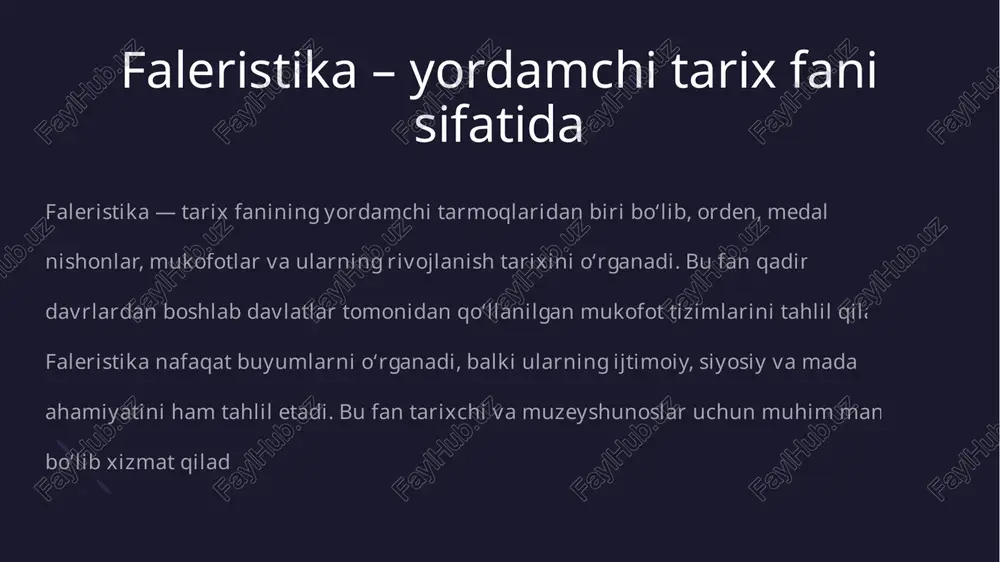 arxeologiya, numizmatika, heraldika, tarix, san’atshunoslik va sotsiologiya bilan uzviy bog‘langan. numizmatika tangalar tarixini, heraldika esa davlat ramzlarini o‘rganadi, faleristika esa bu tizimni mukofotlar orqali to‘ldiradi. bu fanlarning hamkorligi orqali tarixiy voqealarni yanada to‘liqroq tahlil qilish mumkin. natijada faleristika o‘tgan asrlarning “sokin guvohi” sifatida tarixni boyitadi. ordenlar: kelib chiqishi va turlari ordenlar tarixiy jihatdan davlat va jamiyat tomonidan xizmatni e’tirof etish vositasi bo‘lgan. ular harbiy, fuqarolik va ilmiy sohalarda berilgan. ordenlarning shakli, ranglari va tasvirlari davr mafkurasini aks ettiradi. har bir orden muayyan qadriyat va ramziy ma’noni ifodalaydi. faleristika bu ordenlarni tahlil qilib, ularning tarixiy kontekstini aniqlaydi. bu orqali tarixchi davr siyosati va ijtimoiy tuzilishini o‘rganadi. medallar: harbiy, fuqarolik va ilmiy turlar medallar xizmatni e’tirof etishning eng keng tarqalgan shakli bo‘lgan. harbiy medallar urush va janglarda jasorat ko‘rsatganlarga berilgan. fuqarolik medallari jamiyatdagi xizmatlarni tan olishga xizmat qilgan. ilmiy medallar esa ilm-fan va madaniyat sohasidagi muvaffaqiyatlarni qadrlash vositasi bo‘lgan. har bir medalning …