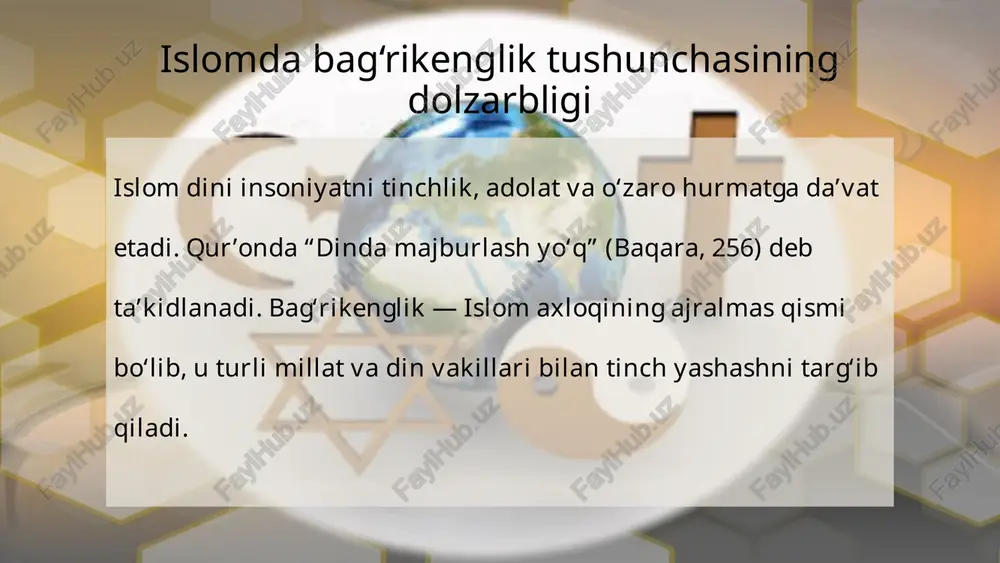 xalqaro tashkilotlar bilan hamkorlikda dinlararo muloqotni kengaytirmoqda. bag‘rikenglikning jamiyat uchun ahamiyati bag‘rikenglik ijtimoiy barqarorlikni saqlaydi, mojarolarni oldini oladi. har bir inson boshqalar e’tiqodiga hurmat bilan yondashsa, jamiyatda tinchlik va birdamlik mustahkamlanadi. xulosa islom bag‘rikenglik, sabr-toqat va o‘zaro hurmat dinidir. boshqa din vakillari bilan muloqot tinchlik, adolat va insoniyat farovonligiga xizmat qiladi. har bir musulmon bu qadriyatni hayotida namoyon etishi lozim. islomdagi bag‘rikenglik g‘oyasi bugungi globallashuv sharoitida ham o‘z dolzarbligini yo‘qotmagan. u turli e’tiqoddagi insonlarni yaqinlashtirib, tinch va barqaror jamiyat qurishga asos bo‘lib xizmat qiladi. image2.jpg image3.jpeg image4.jpeg image5.jpeg image6.jpeg image7.jpeg image8.jpeg image9.jpeg image1.jpg