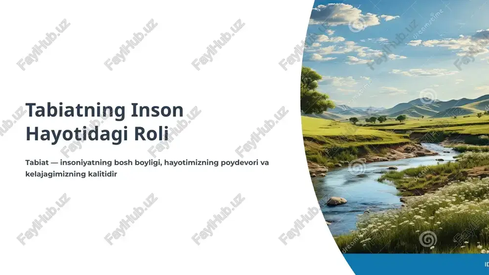 sligi va suv bilan bog'liq kasalliklar sababli vafot etmoqda. bu raqam insoniyat oldidagi eng katta muammolardan biridir. iqlim o'zgarishi atmosferada karbon dioksidning ortib borishi "parnik effekti"ni kuchaytirib, global iqlim o'zgarishiga olib kelmoqda. harorat ko'tarilib, tabiiy ofatlar tez-tez sodir bo'lmoqda. tabiatning og'ir jarohati orol dengizi fojiasi insoniyatga tabiat bilan ehtiyotkorlik bilan muomala qilish kerakligini eslatuvchi og'riqli saboqdir tabiatni muhofaza qilish va barqaror rivojlanish 01 davlat dasturlari o'zbekiston hukumati ekologik xavfsizlik va tabiatni muhofaza qilish bo'yicha qator dasturlarni amalga oshirmoqda 02 orol mintaqasi orol dengizi atrofidagi ekologik vaziyatni yaxshilash, daraxtlar ekish va suvni tejash choralari amalga oshirilmoqda 03 kelajak uchun sarmoya tabiatni asrash inson salomatligi va kelajak avlod farovonligi uchun eng muhim investitsiya hisoblanadi barqaror rivojlanish — bu tabiiy resurslarni kelajak avlodlar uchun saqlab qolgan holda iqtisodiy taraqqiyotga erishish degan ma'noni anglatadi. tabiat bilan uyg'unlikda yashashning ahamiyati biologik xilma-xillik har bir o'simlik va hayvon ekosistemaning muhim qismi ruhiy salomatlik tabiat bilan aloqa …