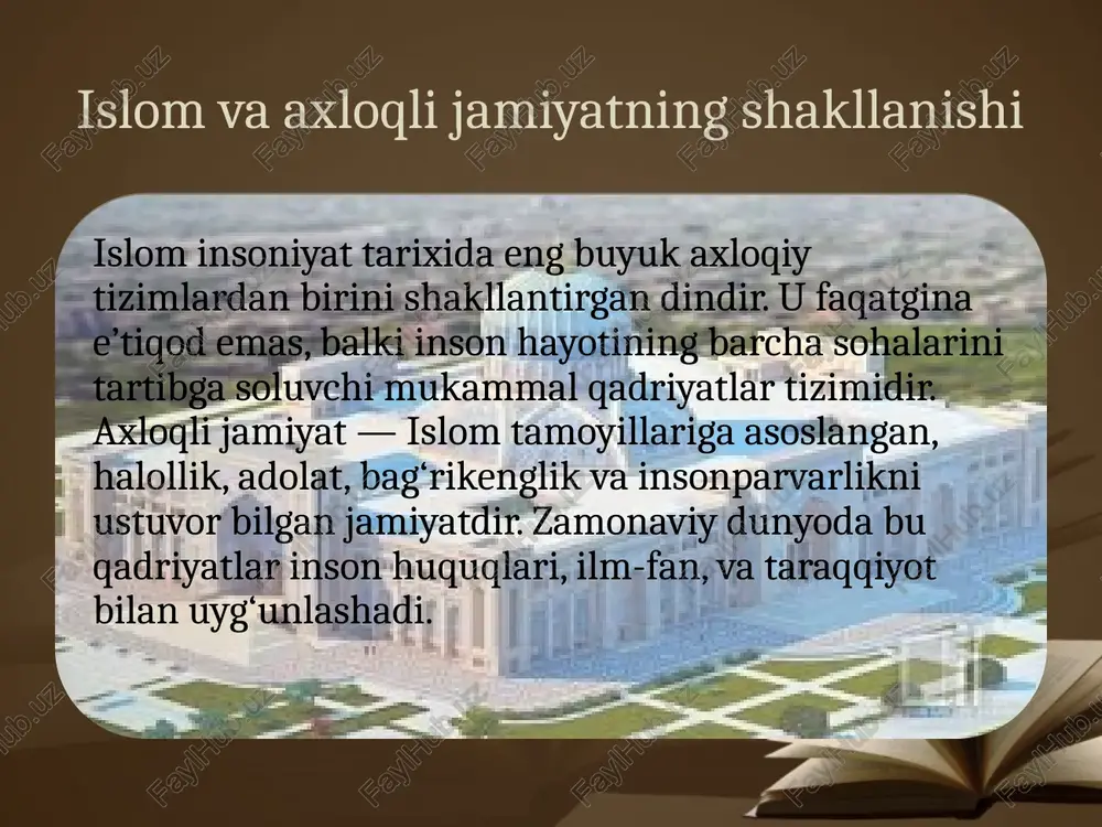 i o‘zgartirmaguncha” (ra’d, 11-oyatdan). bu oyat axloqiy o‘zgarish ijtimoiy taraqqiyotning kaliti ekanini bildiradi. islomda mehnat axloqi islomda mehnat ibodat bilan teng darajada qadrlanadi. halol mehnat qilish — insonning axloqiy burchi. payg‘ambarimiz (s.a.v.) aytganlar: “kim halol rizq topish uchun mehnat qilsa, u alloh yo‘lidadir.” zamonaviy jamiyatda ham mehnatsevarlik, halollik va mas’uliyatli yondashuv ijtimoiy taraqqiyotning asosidir. ayol va erkakning jamiyatdagi axloqiy o‘rni islomda erkak va ayol axloqiy mas’uliyatda tengdir. qur’on erkak va ayolni “bir-birining himoyachilari” deb ataydi (tavba, 71-oyat). ayolning iffat, halollik, va tarbiya sohasidagi roli jamiyat axloqining ustunidir. erkak esa adolat va oilaviy mas’uliyat timsolidir. yoshlar axloqi va tarbiya islom yoshlarni ilmga, axloqiy poklikka va mehnatga chorlaydi. bugungi zamonaviy jamiyatda yoshlar axloqiy buzuqlikdan, virtual tahdidlardan himoya qilinishi kerak. hadisda: “besh narsa kelmasidan oldin besh narsaning qadriga yet: yoshlikni, sog‘likni, boylikni, bo‘sh vaqtni va hayotni.” bu pand yoshlarning ongini tarbiyalashda muhim. islomda adolat va ijtimoiy tenglik adolat islom jamiyatining asosiy tayanchi. qur’onda: …