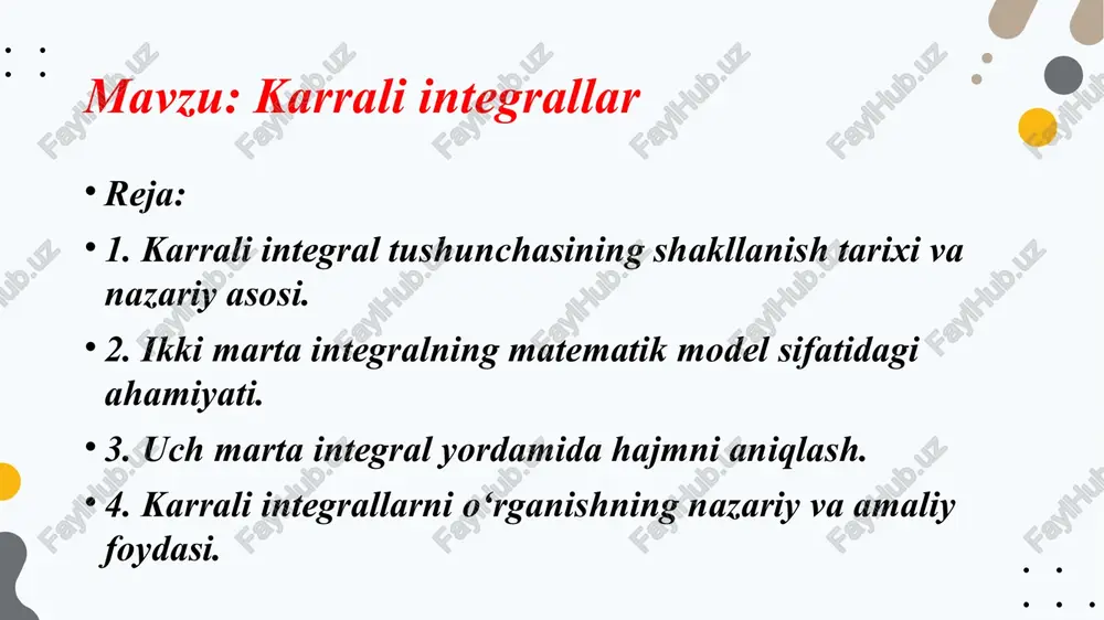 amli metodlar, kompyuter modellari, fizika, muhandislik, iqtisodiyot va informatika sohalarida keng qo‘llaniladi. ikki marta integralning matematik model sifatidagi ahamiyati ikki marta integral matematik analizning eng muhim tushunchalaridan biri bo‘lib, u ko‘p o‘zgaruvchili funksiyalarni tahlil qilish va ularning xossalarini chuqur o‘rganishda asosiy vosita hisoblanadi. u nafaqat nazariy jihatdan, balki amaliy jihatdan ham turli fizik, geometrik va iqtisodiy jarayonlarni modellashtirishda muhim o‘rin tutadi. ikki marta integral birinchi marta riman integralining umumlashmasi sifatida kiritilgan. bunda soha to‘rtburchak yoki murakkab shaklli bo‘lishi mumkin. har bir kichik sohaning yuzasi (∆s) bilan funksiya qiymati f(x, y) ko‘paytmasi yig‘indisi olinadi va limitda bu yig‘indi ikki marta integralga aylanadi: bu ifoda ikki o‘lchamli soha d ustida aniqlangan funksiyaning umumiy “ta’siri”ni o‘lchaydi. matematik model sifatida ikki marta integral turli real jarayonlarni ifodalashda ishlatiladi. masalan: agar f(x, y) – sirtning balandligini bildirsa, u holda ikki marta integral ushbu sirt ostidagi hajmni aniqlaydi. agar f(x, y) – zichlik funksiyasi bo‘lsa, integral …