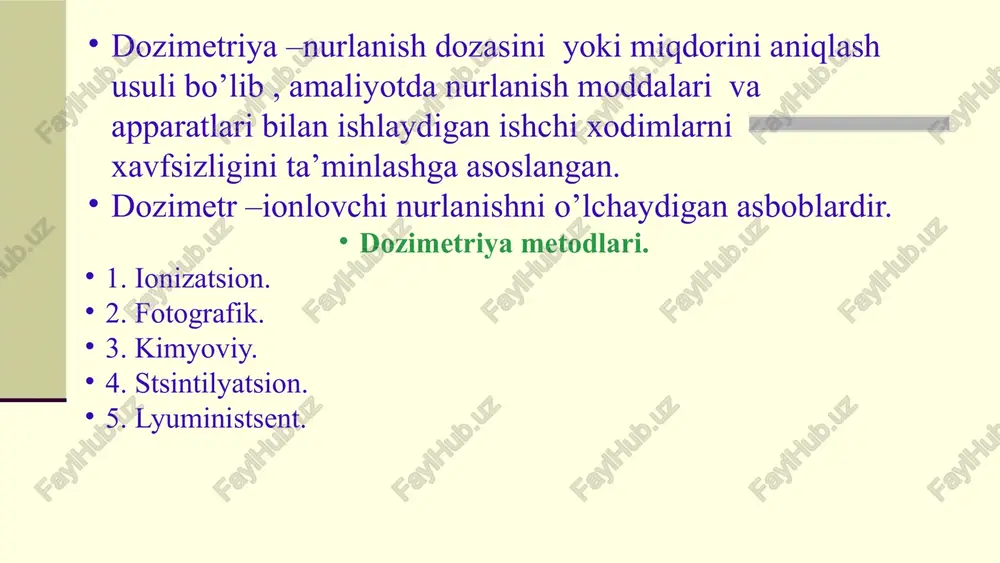 qiluvchi asboblar: vpxr – harbiy kimyoviy asbob pxr – mv tibbiyot veterinar kimyoviy qidiruv asbob mpxr – tibbiy kimyoviy qidiruv asbob mpxl – tibbiy dala kimyoviy laboratoriya dp- 5a – ekspozitsion doza quvvatini o’lchovchi vosita dp- 5a - ekspozitsion doza quvvatini o'lchovchi vosita. gamma nurlarini va ob'ektni radiattsion zararlanish darajasini o'lchaydi. radiatsiya konverteri shaxsiy doza o'lchagich id-11. 1 - ushlagich; 2 - kumush bilan faollashtirilgan aluminofosfat shisha plastinka, 3- ionlashtiruvchi nurlanishni aniqlovchi; 4 - shnur. dp – 22v (dp - 24) - yakka bevosita ko'rsatuvchi nurlanish dozasini, cho'ntakda olib yuriladigan dozimetr, diapazoni - 50 r. va zaryadlovchi moslamadan tashkil topgan. batarykada ishlaydi. dp - 70 - pk - 56 m bilan, bu ampula 6 ml tiniq eritmali, diapazoni 50 dan 800 r., plastmassali yoki tunukali g'ilof, yumshatgich va dala kalorimetriyasi - ampula tutqich, rangli filtr. id - 1 - tashqi ko'rinishi dp - 22 v ga o'xshaydi, diapazoni 500 rad. …