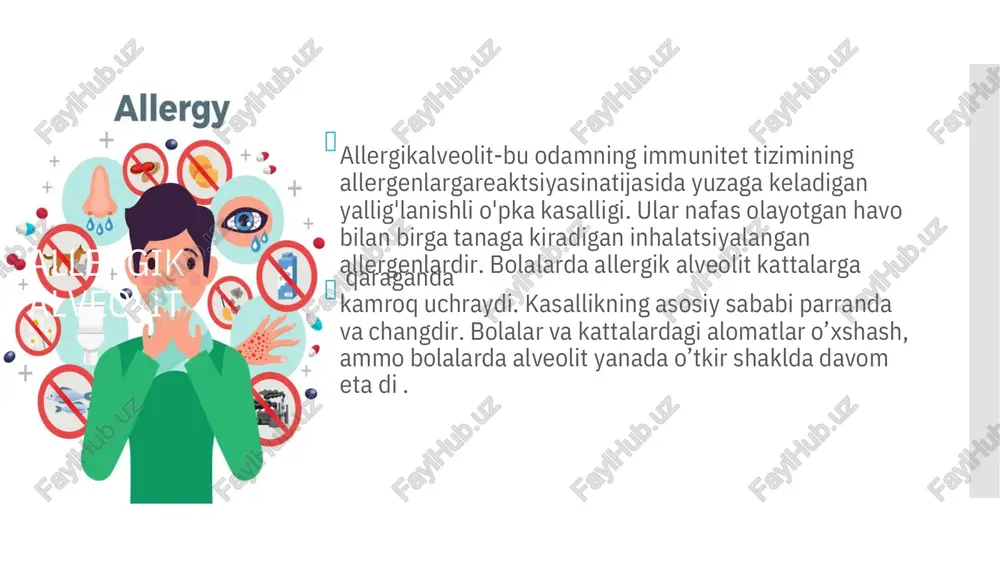 a vazn yo'qotish. qo'shimchalar va mushaklardagi og'riq. "baraban tayoqchalari" sindromining paydo bo'lishi, ya'ni barmoqlar va tirnoqlarning falanjlarining qalinlashishi (kasallikning uzoq davom etishi bilan).  kasallikning diagnostikasi allergik alveolitning diagnostikasi quyidagilarni o'z ichiga oladi: shikoyatlarni yig'ish to'liq tarix balg'amni tahlil qilish to'liq qon ro'yxati ko'krak qafasi rentgenogrammasi o'pkaning kompyuter tomografiyasi tashqi nafas olish funktsiyasini o'rganish (spirometriya) bronkoskopiya kasallikning og'ir kechishi bilan ta'sirlangan o'pkaning biopsiyasi zarur  kzogen allergik va toksik alveolitlarni davolash rejasi. terapevtik (davolash) ta'sir yunalishi. 1. yalliglanish jarayonini bartaraf kilish. 2. drenaj funktsiyasini yaxshilash 3. asoratni davolash. 4. umum kuvvatlovchi simptomatik davo. geolizatsiya yuli. i. utkir faza. 1. belgilarni allergenlar, toksik moddalar bilan kontaktini tuxtatish. 2. kortikosteroidli terapiya (prednezolon 1 mg/kg/sut, 10-14 kun davomida, keyinchalik tutib turuvchi doza 5 mg/sut 3 oy davomida.) 3. bronxospazmolitiklar (eufillin, berotek, yoshiga mos ravishda salbutamol). 4. mukolitiklar. 5. kislorodoterapiya. 6. bakterial genezli kushimcha kasalliklarda, upkada infiltrativ uchokli uzgarishlar bulganda-antibakterial terapiya. 7. kursatmaga karab …