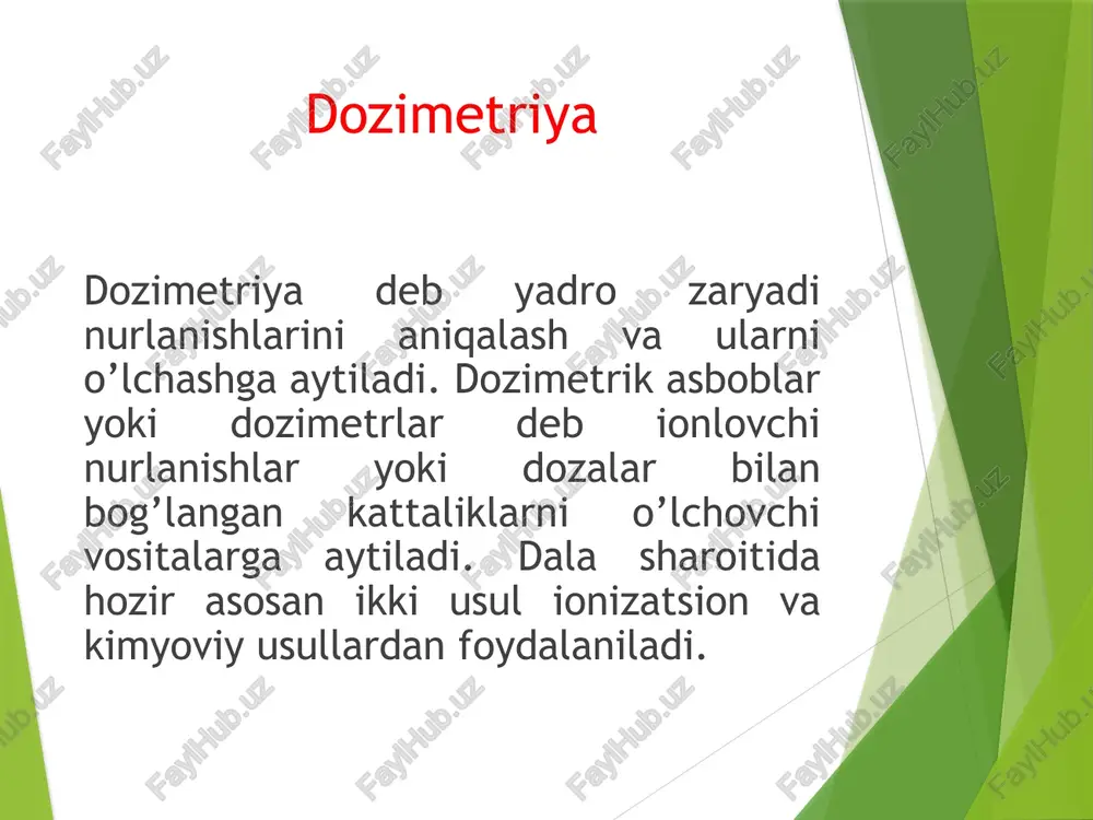 an joylardagi gamma-radiatsiya darajasini 200 r/s gacha bo’lgan miqdorini o’lchashga mo’ljallangan. bu asbob dp-5a va dp-5b asboblari o’rniga chiqarilgan. fotografik plyonkani radioaktiv nurlanish ta’sirida kuyib (buzilib) qolishiga asoslangan. bu usul fotoplyonkali dozimetrlarda qo’llaniladi. radioaktiv nurlanish zonasida bo’lgandan so’ng, kassetali fotoplyonka va maxsus destitometr asbobi yordamida kishining qancha nurlanish dozasi olganligi aniqlanadi. yadro zaryadi portlatilgan va radioaktiv moddalar bilan ifloslangan joylarda asosan uch xil dozimetrik o’lchashlar olib boriladi: - zararlangan joylardagi radiatsiya darajasi aniqlanadi va uning chegarasi belgilanadi ; - shaxsiy tarkibning, texnikaning, inshootlarning, suv, oziq-ovqat, yem- xashaklarning radioaktiv moddalardan ifloslanganlik darajasi aniqlanadi; - shaxsiy tarkib va aholi zararlangan joylarda bo’ganda yoki yadro portlashi o’chog’ida olgan nurlanish dozasi aniqlanadi. dp-5v asbobida oltita o’lchash poddiapozoni bor: 1-poddiapozon 5 r/s dan 200 r/s gacha (pereklyuchatel holati «200»); 2-poddiapozon 500-5000 mr/s gacha (pereklyuchatel holati «x1000»); 3- poddiapozoni 50-500 mr/s gacha (pereklyuchatel holati «x100»); 4-poddiapozoni 5-50 mr/s gacha (pereklyuchatel holati «x10»); 5- poddiapozoni 0,5-5 mr/s …