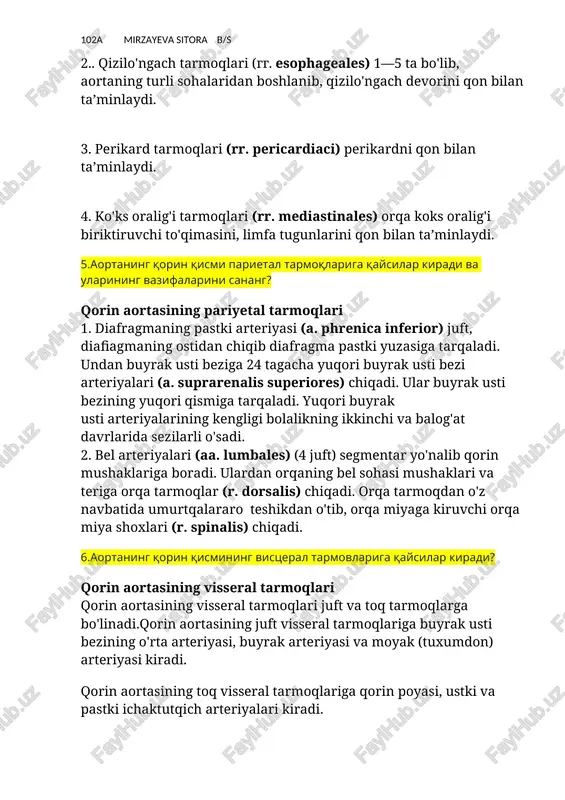 rtaning turli sohalaridan boshlanib, qizilo'ngach devorini qon bilan ta’minlaydi. 3. perikard tarmoqlari (rr. pericardiaci) perikardni qon bilan ta’minlaydi. 4. ko'ks oralig'i tarmoqlari (rr. mediastinales) orqa koks oralig'i biriktiruvchi to'qimasini, limfa tugunlarini qon bilan ta’minlaydi. 5.aortaning qorin qismi parietal tarmoqlariga qaysilar kiradi va ularining vazifalarini sanang? qorin aortasining pariyetal tarmoqlari 1. diafragmaning pastki arteriyasi (a. phrenica inferior) juft, diafiagmaning ostidan chiqib diafragma pastki yuzasiga tarqaladi. undan buyrak usti beziga 24 tagacha yuqori buyrak usti bezi arteriyalari (a. suprarenalis superiores) chiqadi. ular buyrak usti bezining yuqori qismiga tarqaladi. yuqori buyrak usti arteriyalarining kengligi bolalikning ikkinchi va balog'at davrlarida sezilarli o'sadi. 2. bel arteriyalari (aa. lumbales) (4 juft) segmentar yo'nalib qorin mushaklariga boradi. ulardan orqaning bel sohasi mushaklari va teriga orqa tarmoqlar (r. dorsalis) chiqadi. orqa tarmoqdan o'z navbatida umurtqalararo teshikdan o'tib, orqa miyaga kiruvchi orqa miya shoxlari (r. spinalis) chiqadi. 6.aortaning qorin qismining vistseral tarmovlariga qaysilar kiradi? qorin aortasining visseral tarmoqlari qorin …