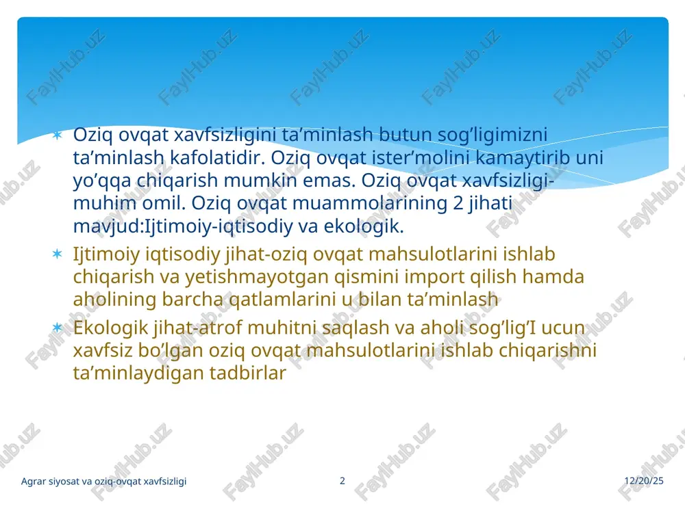 at va oziq-ovqat xavfsizligi iqtisodiy siyosatning tarkibiy qismlaridan biri bo'lib, u qishloq xo'jaligi va unga bog'liq xo'jalik sohalarini qamrab oladi, mamlakat oziq-ovqat xavfsizligini va aholini oziq-ovqat mahsulotlari bilan ta'minlashni yaxshilash, agrar sektor ishlab chiqarishining samaradorligini oshirish, qishloqlarni obod etish asosida qishloq aholisining daromadlari va turmush darajasini yuksaltirish vazifalarining amalga oshirilishini ko'zda tutadi. uni davlatning agrar iqtisodiyot doirasida harakatga keltiriladigan jarayonlar shakli va metodlari ko'rinishidagi faoliyati deb ham tushunish mumkin. * agrar siyosat davlat agrar siyosatining asosiy maqsadlari quyidagilar: -qishloq xo'jaligi mahsulotlari va tovar ishlab chiqaruvchilar raqobatbardoshligini oshirish, oziq-ovqat mahsulotlari sifatini ta'minlash; -qishloq hududlari barqaror rivojlanishini, qishloq aholisi bandligini ta'minlash, ularning turmush darajasini, shuningdek qishloq xo'jaligida band bo'lganlarning ish haqini oshirish; * -q-xo'jaligi ishlab chiqarishi ehtiyojlari uchun qo'llaniluvchi tabiiy resurslarni takror ishlab chiqarish va asrab-avaylash; -qishloq xo'jaligi tovar ishlab chiqaruvchilari daromadliligi oshishini va shu bozorlar infratuzilmasi rivojlanishini ta'minlovchi xomashyo, qishloq xo'jaligi va oziq-ovqat mahsulotlari samarali faoliyat yurituvchi bozorlarini shakllantirish; * -qishloq …