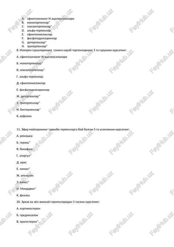 amin tiamin* k. f 33.indolning kurilishi va xossalarini aks ettiruvchi 5 ta javobni kursating 1. benzol va pirroldan kondensirlangan sistema* 1. aromatik xususiyatga ega* 1. asoslik xususiyatiga ega emas* 1. umumiy pi-elektronli bulutiga 10 ta pi-elektron kiradi* 1. piridin xalkasiga ega 1. asosli xususiyatiga ega 1. umumiy pi-elektronli bulutiga 7 ta pi-elektron kiradi 1. aromatik emas 1. benzpirol deyiladi* 1. toluol va pirazol xalkasi bor i:savol 2-1; mt=0.1 s: kislotlar – -: protonni biriktiruvchi birikmalar +: protonni beruvchi birikmalar -: protonni biriktiruvchi va beruvchi birikmalar -: parchalanganida anionni xosil qiluvchi birikmalar -: parchalanganida kation va anionni xosil qiluvchi birikmalar i:savol 2-2; mt=0.1 i:savol 4-9; mt=0.1 s: fenilalanindan adrenalin sintezidagi 4 ta oralik moddalarni kursating: -:xolin -:neyrin +:noradrenalin +:tirozin -:atsetilxolin -:serin +:digidroksifenilalanin +:dofamin i:savol 4-10; mt=0.1 s: fenilalanindan adrenalin sintezining oralik boskichlaridagi turt xil reaktsiya turlarini kursating: +:fermentativ gidroksillanish -:kaytarilish +:dekarboksillanish -:eterifikatsiya +:betta- oksidlanish -:n- metillanish -:atsetalizatsiya -:gidrogenlanish i:savol 5-1; mt=0.1 …