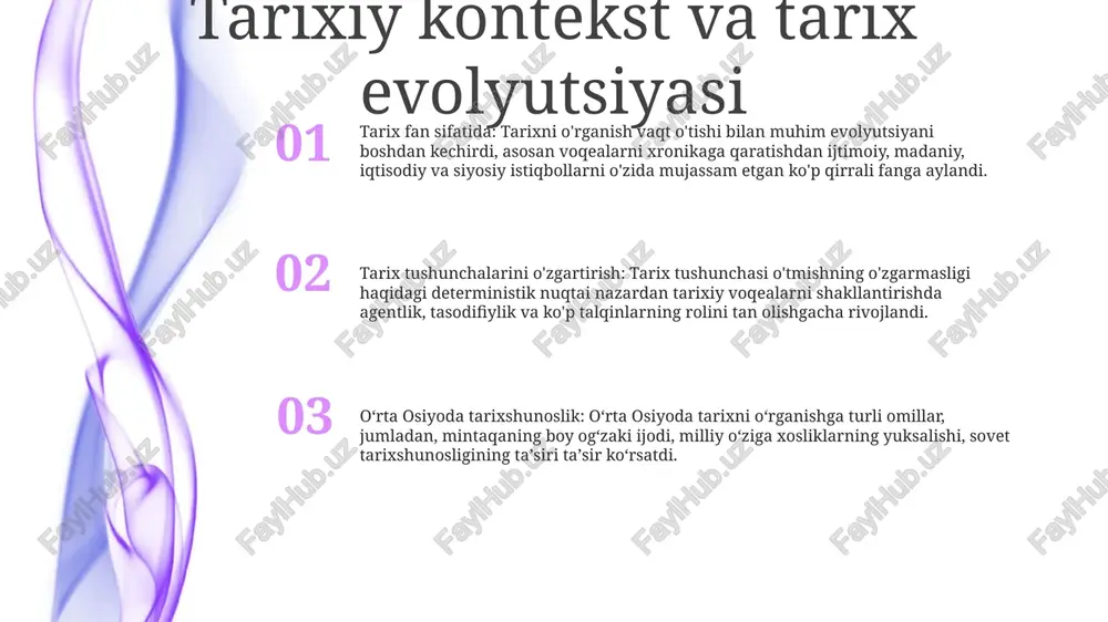, madaniyatlari va o'tmishdagi voqealar haqida ma'lumot beradi, ular qaror qabul qilishda yordam beradi. 3 tarixiy rivoyatlar: tarix qat'iy hisob emas, balki vaqt o'tishi bilan o'zgarib turadigan rivoyatlar to'plamidir. bu rivoyatlarga tarixchilar, jamiyatlar va institutlarning qarashlari va tarafkashliklari ta'sir ko'rsatadi. tarix tushunchalari: ob'ektivlik, sub'ektivlik va sharhlash subyektivlik: tarixiy talqinlar har doim tarixchining nuqtai nazari va tajribasi bilan shakllantirilishini tan olish. ob'ektivlik: tarixiy voqealarni shaxsiy e'tiqodlar yoki noto'g'ri qarashlar ta'sirisiz o'rganish va yozib olish mumkinligi haqidagi g'oya. izoh: ko'pincha tarixchining o'z qadriyatlari va e'tiqodlari ta'siri ostida tarixiy voqealarga ma'no berish va ularning ahamiyati haqida hukm chiqarish jarayoni. tarixiy voqealarning jamiyatga ta'siri kelajak uchun saboqlar: tarixiy voqealarni o'rganish orqali biz insoniy xatti-harakatlar, qarorlar qabul qilish va ijtimoiy dinamikaning murakkabligi haqida qimmatli saboqlarni olishimiz mumkin. ushbu tushunchalar hozirgi jamiyatlarga o'xshash muammolarni hal qilishda va kelajak uchun oqilona tanlov qilishda yordam berishi mumkin. tarixiy voqealar shaxsni shakllantiradi: tarixiy voqealar jamiyatning jamoaviy o'ziga xosligini shakllantiradi, …