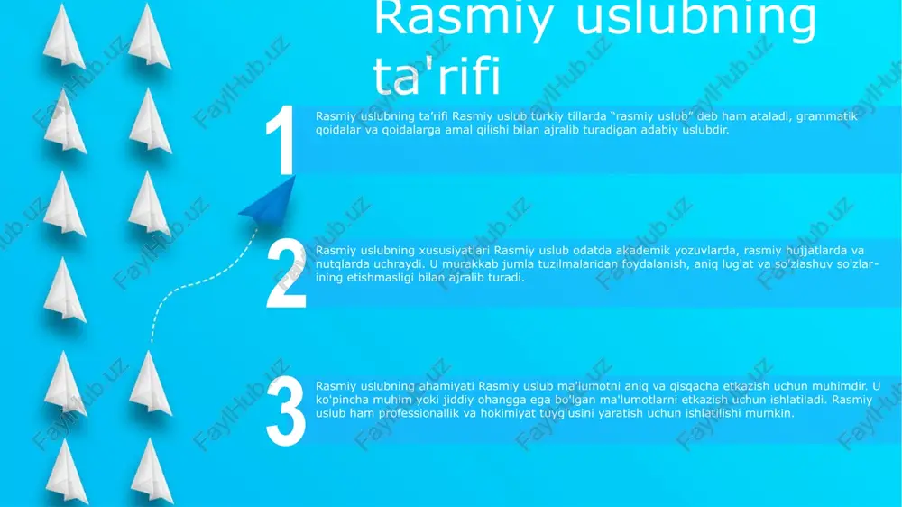 igan rasmiy uslub maxsus terminologiya va alohida, tahliliy ohangdan foydalangan holda qat'iy qoidalarga amal qiladi. rasmiy muloqotda odob-axloq qoidalari til: rasmiy va muloyim tildan foydalaning. argon, jargon va so‘zlashuv so‘zlaridan saqlaning. to'g'ri grammatika va imloni ta'minlab, aniq va tushunarli tildan foydalaning. salomlashish: “hurmatli janob/xonim [qabul qiluvchining ismi]” yoki “kimga tegishli boʻlishi mumkin” kabi professional salom bilan rasmiy xatlarni boshlang. ohang: hurmatli va professional ohangni saqlang. haddan tashqari tasodifiy yoki talabchan bo'lishdan saqlaning. minnatdorchilik bildiring va qabul qiluvchining vaqti va resurslarini yodda tuting. rasmiy uslubning afzalliklari va muammolari rasmiy uslubning afzalliklari: - aniqlik va aniqlik: rasmiy uslub o'ziga xos va bir ma'noli tildan foydalanadi, bu murakkab g'oyalarni etkazishni osonlashtiradi va tushunmovchiliklarni oldini oladi. rasmiy uslubning qiyinchiliklari: - cheklangan moslashuvchanlik: rasmiy uslub cheklovchi bo'lishi mumkin, bu boshqa uslublarga mos kelishi mumkin bo'lgan ba'zi his-tuyg'ularni yoki nuanslarni ifodalashni qiyinlashtiradi. o'quvchi idroki:- ishonchlilik: rasmiy uslub obro' va ishonchlilik tuyg'usini ifodalaydi, bu yozuvchi o'zini bilimdon …