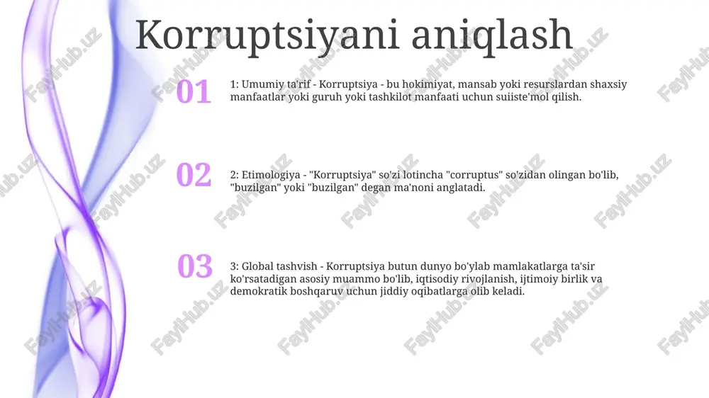 korruptsiya xavfi indeksi: trace international tomonidan e'lon qilingan kompaniyaning ma'lum bir mamlakatda biznes yuritishda korruptsiyaga duchor bo'lish ehtimoli ko'rsatkichi. korruptsiya turlari ma'muriy korruptsiya: byurokratlar o'z vakolatlaridan pora so'rash yoki imtiyozlar berish (masalan, tarafdorlik, o'zlashtirish) uchun foydalanadigan jamoat tashkilotlarida sodir bo'ladi. siyosiy korruptsiya: davlat amaldorlari tomonidan shaxsiy yoki siyosiy manfaatlar uchun (masalan, poraxo'rlik, qarindosh-urug'chilik) o'z vakolatlarini suiiste'mol qilish bilan bog'liq. sud korruptsiyasi: pora, siyosiy bosim yoki tarafkashlik (masalan, odil sudlovning noto'g'riligi, imtiyozli rejim) orqali adliya tizimining yaxlitligini buzadi. hukumatning roli resurslarning yetarli emasligi: korruptsiyaga qarshi kurash idoralari va huquqni muhofaza qilish organlariga ajratilgan cheklangan resurslar ularning korrupsiya holatlarini samarali tergov qilish va ta'qib qilish imkoniyatlariga to'sqinlik qiladi oshkoralikning yo‘qligi: davlat nazoratining sustligi va shaffoflikning yo‘qligi korruptsionerlar uchun davlat mablag‘lari va resurslarini o‘zlashtirib olish imkoniyatini yaratadi. bu maxfiylik korruptsiyaning rivojlanishiga imkon beradi va jamoatchilik ishonchini susaytiradi. qonunlar ijrosi: korruptsiyaga qarshi qonunlarning samarasiz ijro etilishi va korruptsionerlarning javobgarlikka tortilmasligi bag'rikenglik va jazosizlik haqida …