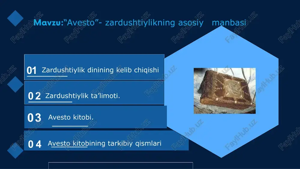 y eron-pahlaviy tilida bo‘lganligidir. ikkinchisi, «sharq nazariyasi» bo‘ lib, unga ko‘ ra zardus ht vatani va zardushtiy lik n ing ilk tarqalgan joyi xoraz m hisoblan ad i. ko‘ pchilik manbashunoslar ikkinch i nazariya tarafdorla ridirla r. xorazm birinchi bo‘ lib zardushtiy lik n in g muqad das olovi ozarxurra yoqilgan va shu dinda eng buyuk x udo hisoblan gan axuramazdan ing zardusht bilan bog‘ la ngan joyi hisoblanad i. zardushtiylik ta’limoti. zardushtiylikning asosiy manbasi avestoda: «birinchi bor muqaddas olov «ozarxurra» «eran-vej» (ba’zi manbalarda «ayrian vedja»)da yoqildi», deyiladi. «eran-vej»ning geografik va iqlimiy tavsifi xorazmnikiga to‘g‘ri keladi. avestoda axuramazda tomonidan yaratilgan «barakot va najot» sohibi bo‘lgan bir qator mamlakatlar zikr etiladi va ularning eng birinchisi, «dunyoda hech narsa chiroyiga teng kela olmas eran- vej», keyin esa «odamlar va chorva podalariga mo‘l» sogd (sug‘d), «qudratli va muqaddas» mouru (marv), «baland ko‘tarilgan bayroqlar mamlakati» baxdi (baktriya) zikr etiladi. avestoda, shuningdek, zardusht tug‘ilgan va …