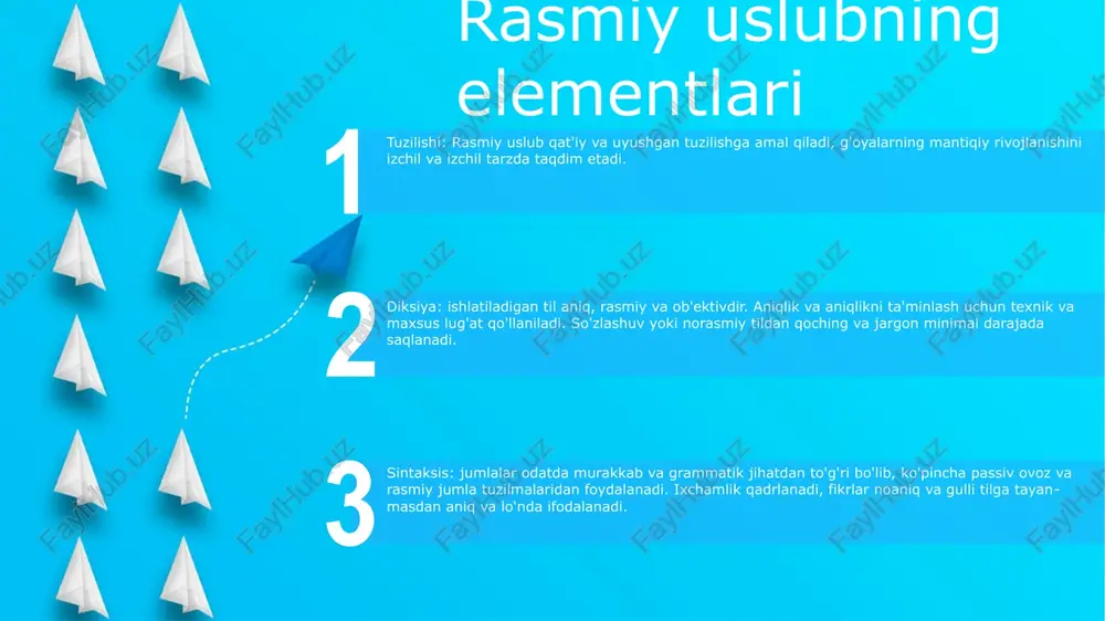shartnomalar, shartnomalar va hukumat hisobotlari kabi rasmiy hujjatlarda ma'lumotni aniq va aniq etkazish uchun ishlatiladi. akademik yozuv: rasmiy uslub ilmiy nashrlarda, ilmiy maqolalarda va dissertatsiyalarda keng tarqalgan bo'lib, bu erda ilmiy aniqlik va ob'ektivlik birinchi o'rinda turadi. e'tiboringiz uchun rahmat @taqdimot_robot image12.jpg image3.jpg image2.jpg /docprops/thumbnail.jpeg