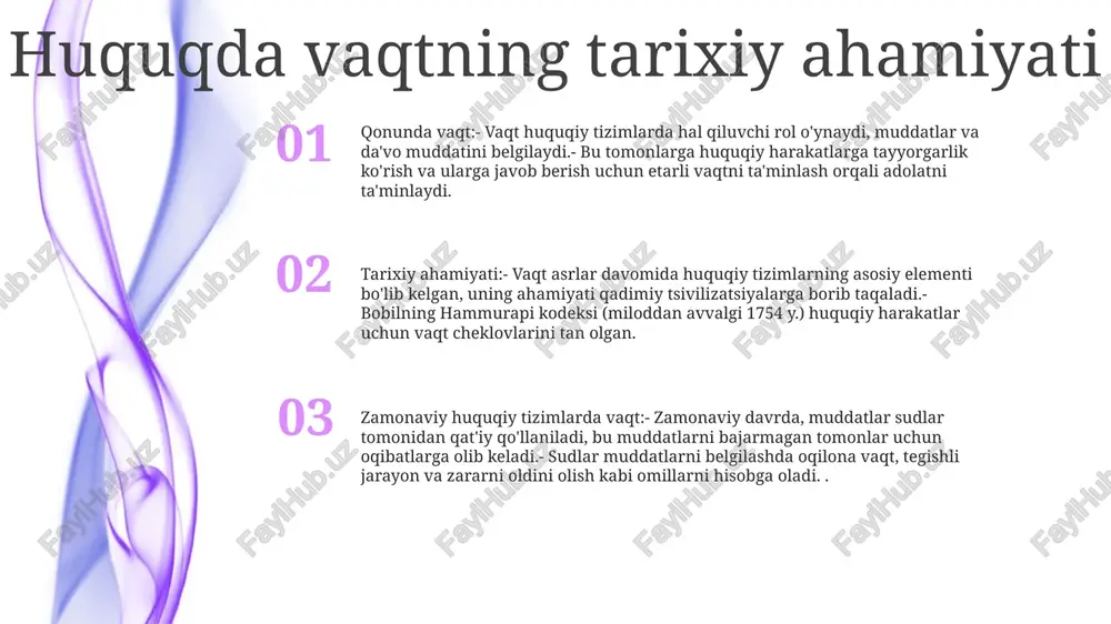 shaxslar o'z huquqlariga nisbatan qo'llaniladigan da'volarning tegishli qonunlaridan xabardor bo'lishlari kerak huquqlarni himoya qilishga vaqtning ta'siri - vaqt huquqlarning himoya qilinishiga sezilarli ta'sir ko'rsatishi mumkin, chunki u da'vo arizalarini topshirish uchun muddatlarni belgilaydi. huquqning o'zi o'chmagan bo'lsa ham. da'vo muddati- da'vo muddati yurisdiksiyaga va da'vo qilinayotgan huquq turiga qarab o'zgaradi.- ular nizolarning o'z vaqtida hal etilishini ta'minlash va sud jarayonida ortiqcha kechikishlarning oldini olishga xizmat qiladi. qonuniy talqindagi vaqtinchalik elementlar sud ishlarini yuritish muddatlari: qonun o'z vaqtida hal etilishini ta'minlash va yuzaga kelishi mumkin bo'lgan kechikishlarning oldini olish uchun huquqiy da'volar berish uchun muddatlarni belgilaydi. ushbu muddatlar harakatning aniq sababi va yurisdiktsiyasiga qarab farqlanadi qonuniy talqindagi vaqtinchalik omillar: qonunlarni sharhlashda sudlar kuchga kirgan sana, kiritilgan har qanday tuzatishlar va qonunning kuchga kirgan sanasi kabi vaqtinchalik omillarni hisobga oladi. vaqtinchalik kontekstni tushunish qonun chiqaruvchining maqsadini va qonunning muayyan vaziyatlarda qo'llanilishini aniqlashga yordam beradi. islom huquqida vaqt: islom huquqida vaqt qonuniy huquq …