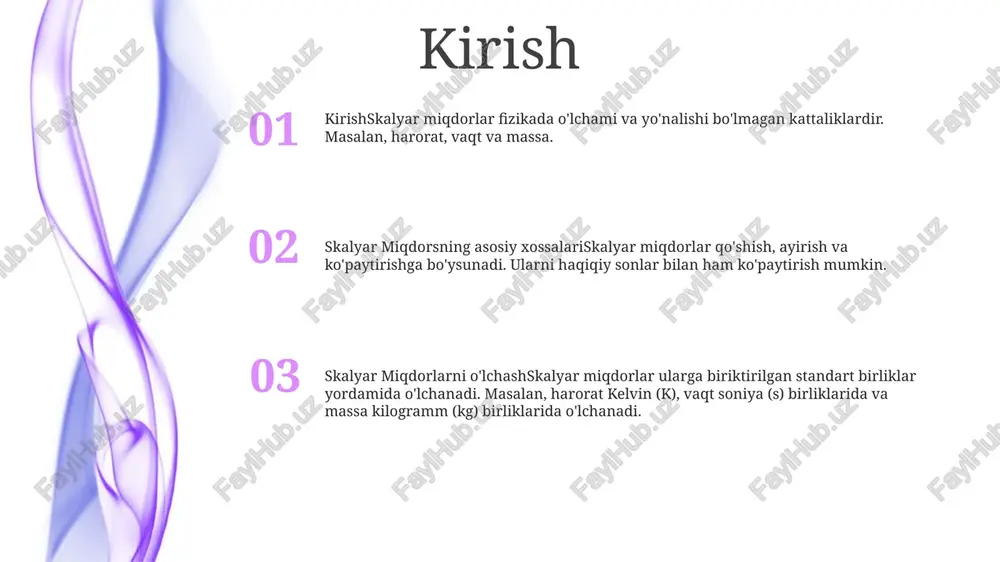alishi yo'q. skalar miqdorlarni solishtirish: skalar miqdorlarni tenglik (=), tengsizlik ( ), katta yoki teng (≥) va (≤) dan kichik yoki teng kabi matematik operatorlar yordamida bevosita solishtirish mumkin. ilovalar: skalar miqdorlar ko'plab sohalarda, jumladan fizika, muhandislik va kundalik hayotda keng qo'llaniladi. masalan, harorat, massa, energiya va vaqt. skalyar kattaliklarni qo'shish va ayirish skalyar kattaliklarni qo'shish va ayirish:- skalar miqdorlarni odatiy algebraik amallarni bajarish orqali qo'shish yoki ayirish mumkin.- natijada dastlabki miqdorlar bilan bir xil birlikdagi skaler miqdor hosil bo'ladi. skalar miqdorlar:- skalar miqdorlar faqat kattalikka ega, lekin yo'nalishi yo'q.- misollar harorat, massa va vaqtni o'z ichiga oladi. skalyar kattaliklarning xossalari:- skalar miqdorlar almashinish xususiyatiga bo'ysunadi (a + b = b + a).- skalar kattaliklar assotsiativ xususiyatga bo'ysunadi ((a + b) + c = a + (b + c)) skalyar kattaliklarning kattaligi va belgisi qo'shimchalar: skalar miqdorlarni algebraik tarzda qo'shish yoki ayirish mumkin va natijada bir xil turdagi skaler miqdor …