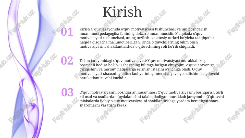 htiroslar yoki ehtiyojlar motivatsiya qilishini ta'kidlaydi. o'rganish ushbu drayvlar qondirilganda sodir bo'ladi, deb ishoniladi. kutish-qiymat nazariyasi: motivatsiyaga shaxsning muvaffaqiyat kutayotgani va kutilgan natijaga qo'yadigan sub'ektiv baho ta'sir qilishini tasdiqlaydi. ta’lim motivatsiyasiga ta’sir etuvchi omillar ichki omillar: - shaxsiy maqsadlar, qiziqish, o'rganishdan zavqlanish, o'zlashtirish istagi. tashqi omillar: mukofotlar, jazolar, baholar, maqtovlar, raqobat, tengdoshlar bosimi. ijtimoiy-madaniy omillar:- oilaviy qadriyatlar va umidlar, maktab iqlimi, madaniy me'yorlar va e'tiqodlar. motivatsiyani kuchaytirishda o'qituvchilarning roli qiziqishni rag'batlantirish: samarali o'qituvchilar o'rganishga bo'lgan muhabbatni uyg'otish, mazmunni qiziqarli usullar bilan taqdim etish va darslarni real dunyo ilovalari bilan bog'lash orqali o'quvchilarning qiziqishini uyg'otadi. o'qituvchilarni rag'batlantirish: o'qituvchilar rag'batlantirish va talabalarning sa'y-harakatlarini tan olish, ijobiy va qo'llab-quvvatlovchi o'quv muhitini yaratish orqali motivatsiyani kuchaytirishda muhim rol o'ynaydi. motivatsiya strategiyalari: o'qituvchilar motivatsiyani oshirish uchun turli strategiyalardan foydalanadilar, masalan, aniq o'quv maqsadlarini belgilash, fikr-mulohazalarni bildirish va o'z-o'zini aks ettirishni rag'batlantirish, o'quvchilarga o'z ta'limini egallashga imkon berish. motivatsiyani qo'llab-quvvatlashda ota-onalarning roli muloqot: ota-onalar va bolalar …
