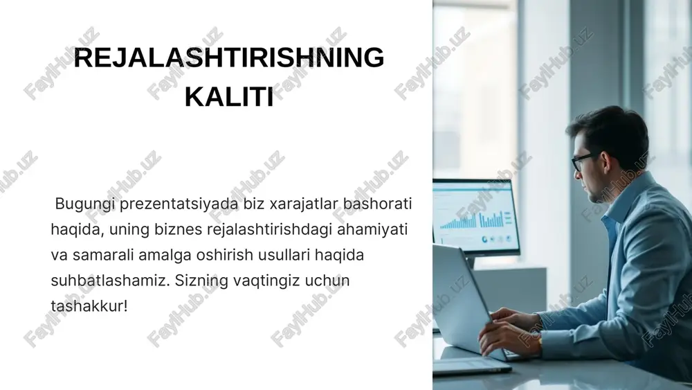 . xavflarni baholash aniqlangan xavflarni ehtimoliy va ta'sir darajalari bo'yicha baholash kerak. bu xavflarni ustuvorlik tartibida joylashtirishga imkon beradi. xavflarni boshqarish strategiyasi har bir xavf uchun tegishli boshqarish strategiyasini ishlab chiqish kerak. bu xavfni kamaytirish, unga tayyorgarlik ko'rish yoki uning ta'sirini minimal darajaga tushirishni o'z ichiga olishi mumkin. 1.7.2013 4 ‹#› xarajatlar bashoratining turli usullari trend tahlili o'tgan davrlarning xarajatlari ma'lumotlarini tahlil qilish va ularning vaqt o'tishi bilan o'zgarish yo'nalishini aniqlash. bu trendni kelajakka qarab davom ettirish va xarajatlarni bashorat qilishga imkon beradi. regressiya tahlili xarajatlarni ta'sir qiluvchi boshqa omillar bilan bog'lash va regressiya modellari yordamida bashoratlar qilish. 1.7.2013 5 ‹#› xarajatlar bashoratining turli usullari trend tahlili o'tgan davrlarning xarajatlari ma'lumotlarini tahlil qilish va ularning vaqt o'tishi bilan o'zgarish yo'nalishini aniqlash. bu trendni kelajakka qarab davom ettirish va xarajatlarni bashorat qilishga imkon beradi. regressiya tahlili xarajatlarni ta'sir qiluvchi boshqa omillar bilan bog'lash va regressiya modellari yordamida bashoratlar qilish. xarajatlar bashoratining …