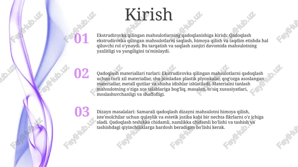 a zarbaga chidamli, mo'rt narsalarni himoya qilish uchun ideal. plastik plyonkalar: moslashuvchan, namlikka chidamli va tejamkor, o'rash, muhrlash va chang va axloqsizlikdan himoya qilish uchun ishlatiladi. sinov va sifat nazorati sinov va sifat nazorati - qadoqlangan mahsulotlarning xavfsizligi va sifatini ta'minlaydi. - normativ standartlarga javob berish uchun qattiq sinov va tekshiruvlarni o'z ichiga oladi. quritilgan maxsulotlarni qadoqlash- mahsulotlarni shikastlanishdan himoya qiladi va ularning yangiligini ta'minlaydi.- mahsulot yaxlitligini saqlash uchun turli xil qadoqlash materiallari va usullaridan foydalanadi. monitoring va baholash- qadoqlash jarayonini muntazam ravishda kuzatib boradi va baholaydi.- sifat standartlarini saqlab qolish uchun takomillashtirish sohalarini aniqlaydi va tuzatuvchi chora-tadbirlarni amalga oshiradi. belgilash va qoidalar qadoqlash xususiyatlari: qadoqlash materiallari, o'lchamlari va utilizatsiyasini tartibga soluvchi sanoat standartlari va qoidalariga rioya qiling. yorliqlash standartlari: mahsulotlar to'g'ri ma'lumot va iste'molchi xavfsizligi uchun tartibga soluvchi yorliqlash talablariga muvofiqligini ta'minlash. muvofiqlikni tekshirish: qonuniy javobgarlikdan qochish va iste'molchilar manfaatlarini himoya qilish uchun etiketkalash va qadoqlash qoidalariga rioya qilishni …