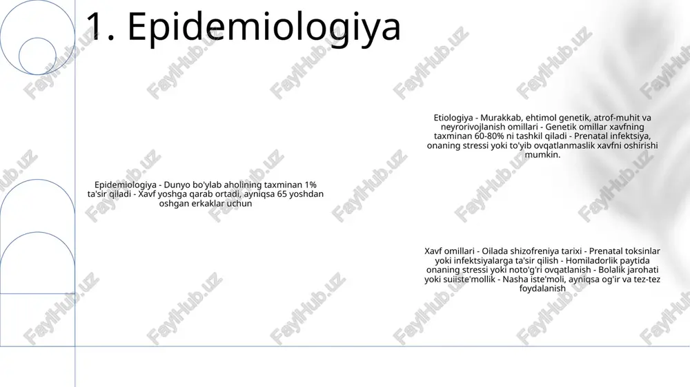 r mavjud. 3. genetik omillar neyrorivojlanish anomaliyalari: tadqiqotlar shuni ko'rsatdiki, shizofreniya bilan og'rigan odamlar miya tuzilishi va funktsiyalarida anormalliklarni, shu jumladan miyaning ba'zi hududlarida hajmning pasayishi va asabiy aloqaning o'zgarishini ko'rsatadi. shizofrenik deminsiyaning kelib chiqish sabablari: shizofreniya genetik, atrof-muhit va neyrorivojlanish omillarining kombinatsiyasidan kelib chiqadi, deb ishoniladi. genetika tadqiqotlari kasallikning rivojlanish xavfini oshiradigan o'ziga xos genetik variantlarni aniqladi neyrorivojlanish anomaliyalari va shizofrenik deminsiya: shizofreniyada kuzatilgan neyrorivojlanish anomaliyalari kasallikning boshlanishi va alomatlariga yordam berishi mumkin. ushbu anormalliklar miya tarmoqlarining normal rivojlanishini buzishi va kognitiv va ijtimoiy faoliyatning buzilishiga olib kelishi mumkin. 4. neyrorivojlanish anomaliyalari genetik moyillik: shizofreniya rivojlanishida genetik omillar rol o'ynaydi. ba'zi genlar kasallikka moyillikni oshirishi mumkin, boshqalari esa himoya ta'siriga ega bo'lishi mumkin. atrof-muhit omillari: erta travma, stress va bachadondagi infektsiyalar kabi atrof-muhit omillari ham shizofreniya rivojlanishiga yordam berishi mumkin. bu omillar miya rivojlanishini o'zgartirishi va kasallik xavfini oshirishi mumkin. miya tuzilishi va faoliyatidagi anomaliyalar: shizofreniya bilan og'rigan bemorlar …