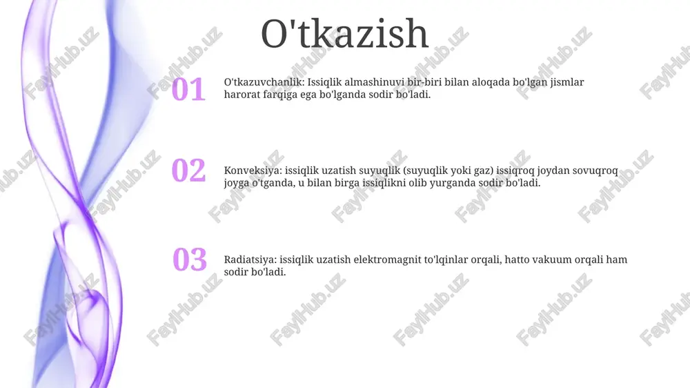 agi farqlar tufayli suyuqlik oqganda sodir bo'ladi. issiqlik uzatishning bunday turi ko'pincha tabiatda kuzatiladi, masalan, xonada issiq havoning ko'tarilishi yoki okean oqimlarining shakllanishi. majburiy konvektsiya, suyuqlik tashqi kuch, masalan, fan yoki nasos yordamida sirt ustida oqib o'tishga majbur bo'lganda paydo bo'ladi. ushbu turdagi issiqlik uzatish odatda sanoat ilovalarida, masalan, elektron komponentlarni sovutish yoki quritish materiallarida qo'llaniladi. issiqlik tarqalishi turlariunda turda issiqlik tarqalishi turlari mavjud: - issiqlik o'tkazuvchanlik - issiqlik konvektsiyasi - issiqlik nurlanishi tabiiy konvektsiya tabiiy konveksiya, issiqlik tarmoqlari: issiqlik almashinuvining bir turi sifatidagi tabiiy konvektsiya suyuqliklarda harorat farqi tufayli qanday sodir bo'lishini tavsiflaydi. tabiiy konvektsiya: suyuqlik ichidagi harorat farqlari tufayli yuzaga keladi, bu suyuqlikning harakatlanishiga olib keladi. issiqlik tarqalishi turlari: heat transfer mechanisms, including conduction, convection, and radiation. konvektiv issiqlik uzatish convective heat transfer: issiqlik uzatilishining konvektsiya usuli bo'lib, suyuqliklar yoki gazlar qat'iy jismlar bilan issiqlik almashinuvi jarayonida sodir bo'ladi. konveksiya turlari: 1. majburiy konvektsiya: fanatlar yoki nasoslar kabi …