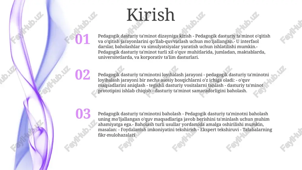 minotni loyihalash tamoyillari dizayn texnikasi: dasturiy ta'minotni loyihalash maqsadlariga erishish uchun yondashuvlar va amaliyotlar: strukturaviy dizayn, ob'ektga yo'naltirilgan dizayn, tezkor ishlab chiqish, ma'lumotlarga asoslangan dizayn, foydalanuvchiga yo'naltirilgan dizayn. solid tamoyillari: dasturiy ta'minotni loyihalashda rahbarlik qilish, xizmat ko'rsatish, moslashuvchanlik va qayta foydalanishni ta'minlash tamoyillari: yagona javobgarlik, ochiq-yopiq, liskov almashtirish, interfeyslarni ajratish, bog'liqlikni o'zgartirish. pedagogik dasturiy ta'minot vositalari: o'qitish va o'rganishni qo'llab-quvvatlash, o'qituvchilarning imkoniyatlarini kengaytirish va ta'lim tajribasini oshirish uchun mo'ljallangan vositalar: simulyatsiyalar, interaktiv doskalar, o'quv boshqaruv tizimlari, stem o'quv muhitlari. foydalanuvchi interfeysi dizayni foydalanuvchi interfeysi dizayni: qurilma yoki dastur interfeysini foydalanuvchi uchun qulay va qulay qilish uchun loyihalash. pedagogik dasturiy vositalarni loyihalash: ta'lim oluvchining ehtiyojlari va pedagogik maqsadlarini hisobga olgan holda o'rganish va o'qitishni samarali qo'llab-quvvatlovchi ta'lim dasturlarini ishlab chiqish. ta'lim uchun multimedia texnologiyalari: ishtirok etishni kuchaytirish va tushunishni rivojlantirish uchun turli xil media formatlarini, masalan, video, audio va grafiklarni o'quv materiallariga integratsiyalash. baholash va baholash baholash va baholash pedagogik raqamli …