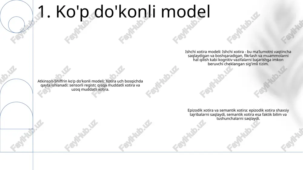 moslashtirish orqali tartibga soladi va sharhlaydi. sxemalar bizga dunyoni tushunishga va voqealarni bashorat qilishga yordam beradi. psixologiyada xotira nazariyalari: odamlar ma'lumotni qanday kodlashi, saqlashi va olishini tushuntirishga qaratilgan psixologik nazariyalar to'plami. turli xil xotira nazariyalari xotiraning turli jihatlariga, masalan, ishchi xotira, uzoq muddatli xotira va qayta tiklash signallarining roliga qaratilgan. sxema nazariyasi va xotira: sxema nazariyasi va xotira nazariyalari o'rtasidagi o'zaro ta'sir sxemalar ma'lumotni kodlash va eslab qolishga ta'sir qilishini ko'rsatadi. sxemalar filtr vazifasini bajarib, e'tiborni mavjud sxemalarga mos keladigan ma'lumotlarga yo'naltiradi va ularni eslab qolishni osonlashtiradi. 4. sxema nazariyasi qidiruv signallari nazariyasi - bu nazariya shuni ko'rsatadiki, xotirani qayta tiklash kodlash paytida mavjud bo'lgan ishoralar mavjudligi bilan osonlashadi. his-tuyg'ular) yoki tashqi (masalan, ob'ektlar, muhit). psixologiyada xotira nazariyalari - qidiruv signallari nazariyasi: xotiralarga kirishda qayta tiklash belgilarining rolini ta'kidlaydi.- qayta ishlash darajasi nazariyasi: kodlash paytida qayta ishlashning chuqurroq darajalari yaxshi xotiraga olib kelishini taklif qiladi.- sxema nazariyasi: xotiralar quyidagicha tashkil …
