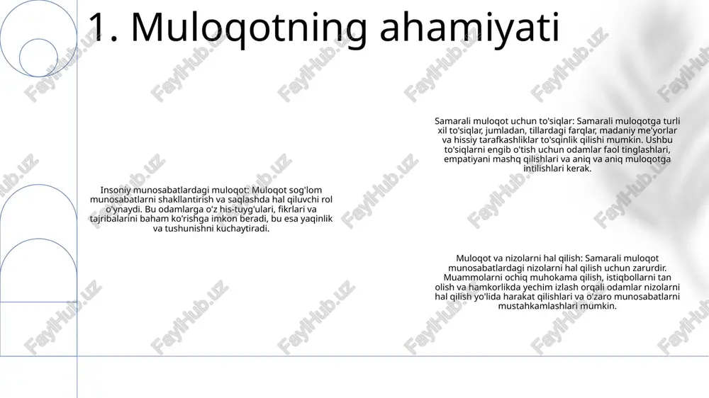 larni tushunish, nizolarni hal qilish va umumiy maqsadlarga erishish uchun juda muhimdir. bu hamdardlik, ishonch va hamkorlikni rivojlantiradi. 3: muloqot to'siqlarini yengib o'tish muloqot to'siqlarini bartaraf etish uchun tilni soddalashtirish, madaniy farqlarni hisobga olish, faol tinglash usullaridan foydalanish, chalg'itadigan narsalarni yo'q qilish va his-tuyg'ularni boshqarish haqida o'ylab ko'ring 3. aloqa to‘siqlari va yechimlari og'zaki bo'lmagan muloqot: u xabarlarni tana tili, yuz ifodalari, imo-ishoralar va ko'z bilan aloqa qilish orqali uzatadi, bu muloqotning muhim qismini tashkil qiladi. tana tili: bu shaxsning fikrlari, his-tuyg'ulari va munosabatlari haqida tushuncha beradigan holat, harakat va imo-ishoralarni o'z ichiga oladi. bu ishonch, ustunlik yoki xavotirni ko'rsatishi mumkin. aloqadagi aloqaning o'rni: muloqot kuchli munosabatlarni o'rnatishda juda muhimdir. samarali og'zaki bo'lmagan muloqot yaqinlik, tushunish va nizolarni hal qilishni kuchaytirishi mumkin. 4. og'zaki bo'lmagan muloqot va tana tili faol tinglash: og'zaki va og'zaki bo'lmagan so'zlarda ma'ruzachiga to'liq e'tibor berishni, og'zaki va og'zaki bo'lmagan signallar orqali tushunish va qiziqishni ko'rsatishni …