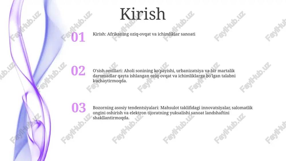 qa yirik ishlab chiqaruvchilarga tanzaniya, efiopiya va uganda kiradi. bug'doy: keniya, shuningdek, sharqiy afrikadagi eng yirik bug'doy ishlab chiqaruvchisi bo'lib, yillik ishlab chiqarish 1 million tonnadan ortiq. boshqa yirik ishlab chiqaruvchilar orasida efiopiya va tanzaniya bor. shakarqamish: keniya sharqiy afrikadagi eng yirik shakarqamish ishlab chiqaruvchisi bo'lib, yillik ishlab chiqarish 5 million tonnadan ortiq. boshqa yirik ishlab chiqaruvchilar orasida tanzaniya, uganda va efiopiya mavjud. bozor hajmi va o'sish tendentsiyalari o'sish omillari: bozor o'sishiga hissa qo'shadigan omillarga quyidagilar kiradi: - shahar aholisi va ixtiyorida bo'ladigan daromadlarning ko'payishi - qayta ishlangan va qadoqlangan oziq-ovqatga iste'mol talabining oshishi - oziq-ovqat mahsulotlarini qayta ishlash infratuzilmasiga davlat investitsiyalari bozor hajmi: afrika oziq-ovqat sanoati [yil] holatiga ko'ra xxx milliard dollarga baholangan va [yil] bo'yicha xxx milliard dollargacha o'sishi prognoz qilinmoqda. asosiy tendentsiyalar: bozordagi e'tiborga molik tendentsiyalarga quyidagilar kiradi: - sog'lom va qulay oziq-ovqat variantlariga e'tiborning ortishi - onlayn oziq-ovqat mahsulotlarini xarid qilishning ko'payishi - innovatsion oziq-ovqat texnologiyalarining …