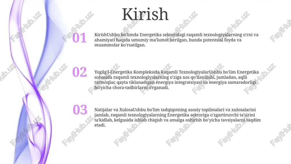 e'molni kamaytirish va ishonchlilikni oshirish uchun raqamli texnologiyalardan foydalanadigan ilg'or elektr tarmoqlaridir energetikada raqamli transformatsiya: yogilg'i-energetika kompleksida raqamli texnologiyalaryoqilg'i-energetika kompleksida raqamli texnologiyalar (yert) o'zbekistonda energetika sohasini raqamlashtirish orqali o'zgartirishga qaratilgan keng qamrovli dasturdir. u aqlli tarmoq texnologiyalarini joriy etish, qayta tiklanadigan energiya manbalarini targ‘ib qilish va energiya samaradorligini oshirishga qaratilgan qayta tiklanadigan energiya integratsiyasi qayta tiklanadigan energiya integratsiyasi: qayta tiklanadigan energiya manbalarini (masalan, quyosh, shamol) mavjud elektr tarmoqlariga qo'shish, ulardan foydalanishni optimallashtirish va qazib olinadigan yoqilg'iga bog'liqlikni kamaytirishni nazarda tutadi. elektr tarmoqlarida raqamli texnologiyalar: elektr tarmoqlarini kuzatish va boshqarish, ularning chidamliligi, samaradorligi va ishonchliligini oshirish uchun sensorlar, ma'lumotlar tahlili va sun'iy intellekt kabi ilg'or raqamli texnologiyalardan foydalanishni o'rganadi. energiya uchun raqamli transformatsiya: energetika sektorida raqamlilashtirishni avloddan iste'molga qadar, jumladan, aqlli tarmoqlarni, taqsimlangan energiya resurslarini va iste'molchilarni jalb qilish platformalarini rivojlantirishni muhokama qiladi. energiya samaradorligi va optimallashtirish neft va gaz majmuasidagi raqamli texnologiyalar: sun'iy intellekt (ai), mashinani o'rganish (ml) va ma'lumotlar …