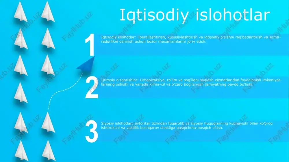 lantirish uchun qo'llab-quvvatlash, imtiyozlar va xizmatlar ko'rsatish orqali ijtimoiy tenglikni ta'minlash. 2. ijtimoiy o'zgarishlardagi roli: ijtimoiy siyosat ijtimoiy o'zgarishlarning katalizatori bo'lib, tengsizliklarni bartaraf etish va ijtimoiy inklyuziya, imkoniyatlarni kengaytirish va barcha fuqarolarning faol ishtirokini rag'batlantiradi. ta'lim tizimi o‘zbekistondagi ijtimoiy o‘zgarishlar: fuqarolarning imkoniyatlarini kengaytirish va taraqqiyotga ko‘maklashish o‘zbekistonda ta’lim tizimi: sifat va qulaylikka e’tibor ta'lim ijtimoiy o'zgarishlar katalizatori sifatida: inson salohiyatini rivojlantirish va porloq kelajakni qurish sog'liqni saqlash tizimi o'zbekistonda sog'liqni saqlash tizimi: - barcha fuqarolarga asosiy tibbiy xizmatlar ko'rsatadigan universal sog'liqni saqlash tizimi - davlat tomonidan moliyalashtiriladigan va boshqariladigan, xususiy sog'liqni saqlash tizimi qo'shimcha rol o'ynaydi. o‘zbekistondagi ijtimoiy o‘zgarishlar:- tezkor urbanizatsiya va modernizatsiya oila tuzilmalari va ijtimoiy me’yorlarning o‘zgarishiga olib keladi- ta’lim va texnologiyalardan foydalanish imkoniyatlarini kengaytirish, fuqarolarning imkoniyatlarini kengaytirish va ijtimoiy harakatchanlikni rag‘batlantirish o'zbekistondagi ijtimoiy harakatlar:- ijtimoiy adolat va inson huquqlarini himoya qiluvchi fuqarolik jamiyati va nodavlat tashkilotlarning kuchayishi- gender tengligi, atrof-muhitni muhofaza qilish va siyosiy islohotlar kabi masalalarga …