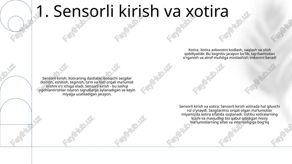 l qilish, qaror qabul qilish, tilni qayta ishlash va o'rganishda hal qiluvchi rol o'ynaydi. bu boshqa kognitiv operatsiyalarni bajarishda ma'lumotni yodda tutishimizga yordam beradi. 4. ishlaydigan xotira xotira konsolidatsiyasi: xotiralar barqarorlashadigan va miyada doimiy ravishda saqlanadigan jarayon. bu vaqt o'tishi bilan sodir bo'ladi va yangi neyron yo'llarning shakllanishi va miya faoliyati naqshlarining o'zgarishini o'z ichiga oladi. xotira nazariyalari: xotirani, uning shakllanishi, saqlash va qayta tiklashni o'z ichiga olgan ilmiy tadqiqi. bu soha xotira asosidagi neyron mexanizmlarni o'rganadi va uning samaradorligiga ta'sir etuvchi omillarni o'rganadi. xotira turlari: xotiraning har xil turlari mavjud, jumladan:- epizodik xotira: shaxsiy tajriba va hodisalarni saqlaydi- semantik xotira: umumiy bilim va faktlarni saqlaydi- protsessual xotira: ko‘nikma va odatlarni saqlaydi- ishchi xotira: ma’lumotni faol foydalanish uchun vaqtinchalik saqlaydi. 5. xotira konsolidatsiyasi kodlash: axborotni xotirada saqlash jarayoni. bu stimulni boshdan kechirishni va ma'lumotni miyada saqlanishi mumkin bo'lgan shaklga kodlashni o'z ichiga oladi. saqlash: ma'lumotni vaqt o'tishi bilan xotirada saqlash …