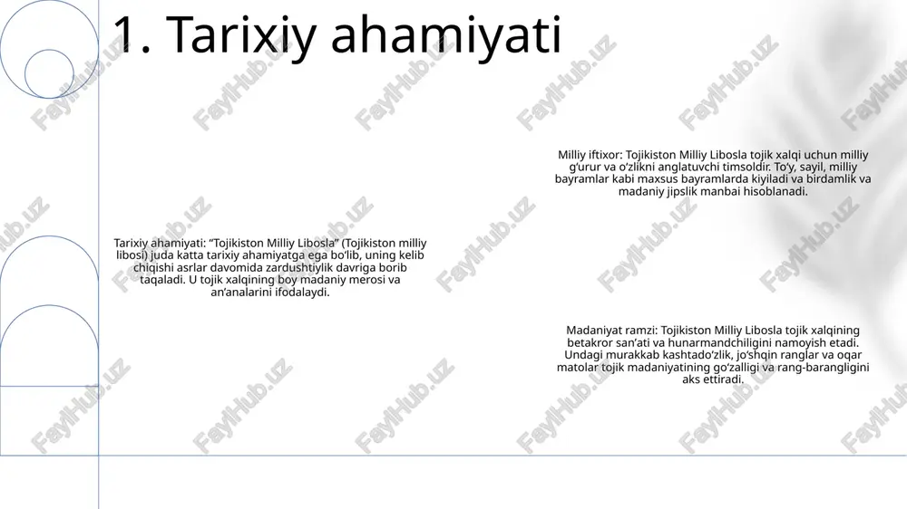 hlarning elementlarini o'z ichiga oladi. bu turli mintaqalar va jamoalar o'rtasida mavjud bo'lgan birlik va totuvlikni nishonlaydi. badiiy ifoda: “tojikiston milliy libosla” tojik hunarmandlarining ajoyib mahorati va ijodini namoyish etadi. murakkab kashtado‘zlik, jo‘shqin ranglar va o‘ziga xos naqshlar avloddan-avlodga o‘tib kelayotgan badiiy mahorat va madaniy merosni namoyon etadi. 3. madaniy timsol an'anaviy ipak: tojikiston milliy libosla "atlas" va "adras" nomi bilan mashhur bo'lgan nafis ipak matolari bilan mashhur. ushbu jonli va yorqin ipaklar an'anaviy yog'och dastgohlarda qo'lda to'qilgan va ko'pincha murakkab naqshlar va geometrik naqshlarga ega. jun va paxta: jun tojikiston milliy liboslada ishlatiladigan yana bir muhim tola bo'lib, issiqlik va chidamlilikni ta'minlaydi. mustahkam gilamlar, gilamlar va ustki kiyimlarga to'qilgan jun qulaylik va ko'p qirrali bo'lishi uchun ko'pincha paxta bilan aralashtiriladi kashta tikish va aplikatsiya: “tojikiston milliy libosla” kiyim-kechak va aksessuarlarni bezash uchun murakkab kashtachilik va aplikatsiya usullarini o‘zida mujassam etgan. malakali hunarmandlar madaniy an'analar va shaxsiy ifodalarni aks ettiruvchi …