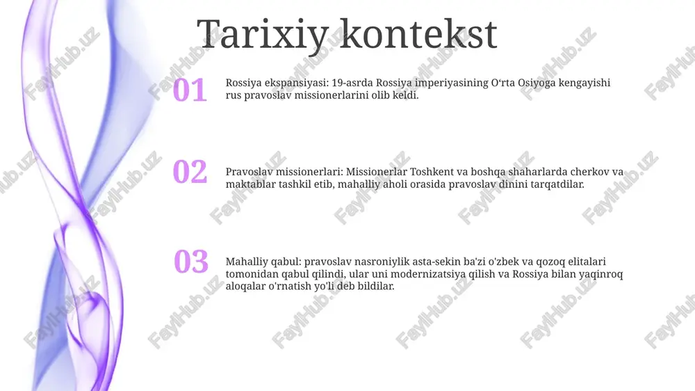 aniy g'oyalarning uzatilishini osonlashtirdi. mo'g'ullar hukmronligi: mo'g'ullar istilosi mavjud siyosiy tuzilmalarni buzdi va pravoslav cherkovining mintaqadagi ta'sirini kengaytirishga imkon beruvchi hokimiyat bo'shlig'ini yaratdi. siyosiy ittifoqlar: bolqon va sharqiy yevropadagi pravoslav hukmdorlari oʻz hududlarini himoya qilish uchun moʻgʻullar bilan ittifoq tuzishga intilishdi, bu esa moʻgʻullar nazorati ostidagi hududlarda pravoslav yepiskopliklari va monastirlarning tashkil etilishiga olib keldi. madaniy almashinuv va integratsiya diniy ta'sir: pravoslavlik o'zi bilan markaziy osiyo jamoalarining ma'naviy hayotiga ta'sir ko'rsatgan liturgik amaliyotlar, ikonografiya va teologik tushunchalarni olib keldi. tarixiy ahamiyati: o‘rta osiyoga pravoslavlikning kelishi vizantiya imperiyasi va mintaqadagi turkiy xalqlar o‘rtasida muhim madaniy almashinuvni ko‘rsatdi. lingvistik ta'sir: pravoslavlikning liturgik tili bo'lgan eski slavyan tilining kiritilishi mahalliy tillarga katta ta'sir ko'rsatdi va markaziy osiyoda yangi adabiy an'analarning rivojlanishiga hissa qo'shdi. markaziy osiyodagi pravoslavlik markazlari missionerlik faoliyati: pravoslav missionerlari mahalliy aholi orasida xristian dinini yoyishda hal qiluvchi rol o'ynagan. nasroniy bo'lmaganlarni qabul qilish va pravoslavlikning mintaqadagi o'rnini mustahkamlash istagidan kelib chiqqan …