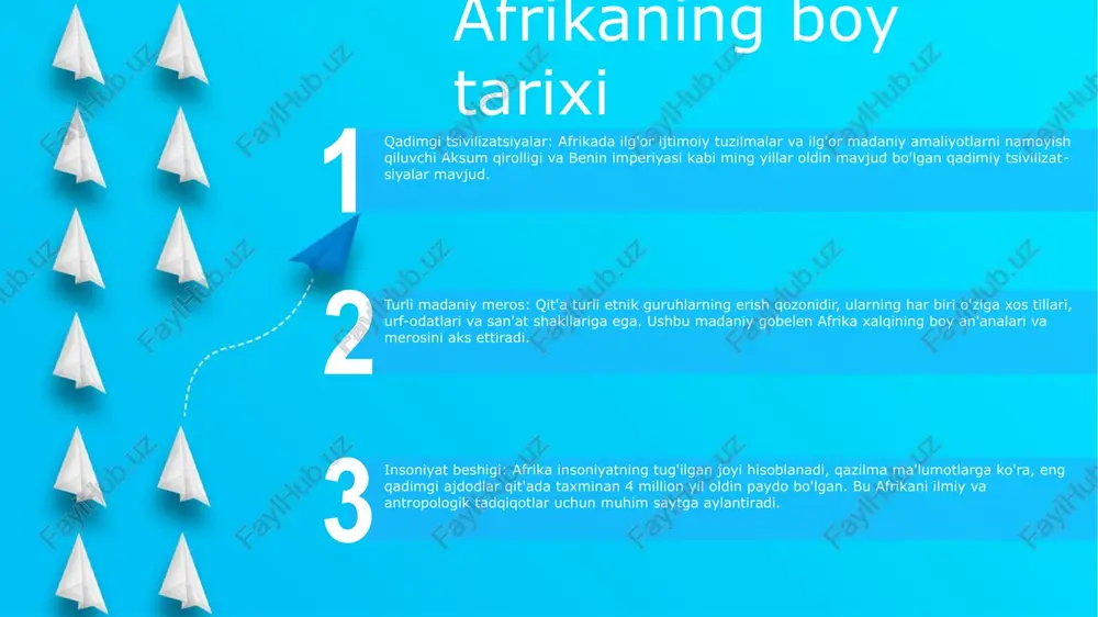 urakkab va ta'sirli e'tiqodlar, xudolar va marosimlar tizimi. masai jangchi madaniyati: murakkab marosimlar, rang-barang liboslar va shiddatli jangchi ruhi orqali ajdodlar an'analarini saqlab qolish. afrika raqsi va musiqasi: turli afrika madaniyatlarining ritmlari, hikoyalari va his-tuyg'ularini o'zida mujassam etgan jonli va ifodali san'at turi. iqtisodiy o'sish va imkoniyatlar tez urbanizatsiya: afrikadagi shaharlar misli ko'rilmagan o'sish sur'atlarini boshdan kechirmoqda, bu esa imkoniyatlar va muammolarni keltirib chiqaradi. urbanizatsiya iqtisodiy o'sishni rag'batlantiradi, lekin ayni paytda infratuzilma va resurslarni qiyinlashtiradi. rivojlanayotgan yoshlar soni: afrika dunyodagi eng katta va eng yosh aholiga ega. ushbu demografik dividend iqtisodiy o'sish uchun kuchli vosita bo'lishi mumkin, ammo u ta'lim, sog'liqni saqlash va ish o'rinlarini yaratishga katta sarmoyalarni ham talab qiladi. qishloq xo'jaligi salohiyati: afrikada unumdor yerlar va qishloq xo'jaligi uchun qulay iqlim mavjud. qishloq xo‘jaligi infratuzilmasi va texnologiyalariga sarmoyaning ko‘payishi samaradorlikni oshirishi va oziq-ovqat xavfsizligini kamaytirishi mumkin. qiyinchiliklar va kurashlar start qashshoqlik: afrika keng tarqalgan qashshoqlik bilan kurashmoqda, millionlab …