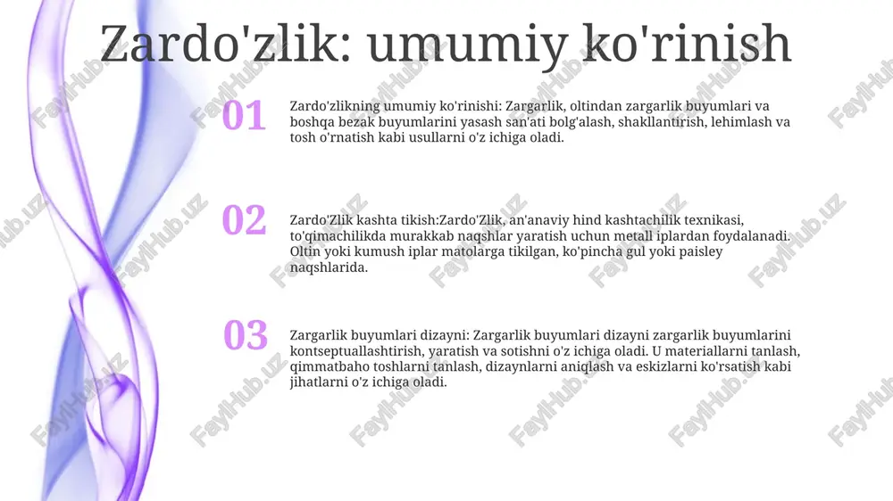 sni ta'minlaydi. qimmatbaho toshlar: olmos, yoqut va sapfir kabi qimmatbaho toshlar zargarlik buyumlarining go'zalligi va qiymatini oshirish uchun ishlatiladi. filigran: nozik va bezakli naqshlarni yaratish uchun lehimlangan yoki to'qilgan murakkab metall iplar. savdo vositalari warpzone stiletto: zardo'zlik-ga qisqa masofalarga teleportatsiya qilish, raqiblarni chalg'itish va hujumlardan qochish imkonini beruvchi yovuz o'tkir xanjar. zardo'zlikning clarioni: qulog'ini qo'zg'atuvchi portlashlar chiqaradigan, qalqonlarni sindirishga va dushmanlarni yo'ldan ozdirishga qodir kuchli shox. kvant ekskavatori: zardo'zlik-ga beg'araz tunnellar yaratish yoki dushman mudofaasini buzish imkonini beruvchi deyarli har qanday materialdan o'tib ketadigan yuqori texnologiyali qurilma. zargarlik buyumlarini loyihalash 3 hamkorlik jarayonlari: zargarlik buyumlari dizayni ko'pincha dizaynerlar, hunarmandlar va sotuvchilar o'rtasidagi vahiylarni jonlantirish uchun hamkorlikni o'z ichiga oladi. ayniqsa, “zardo‘zlik” kashtachiligi yuqori malakali hunarmandlardan murakkab naqshlarni puxtalik bilan bajarishni, hunarmandchilikning eng yuqori sifatini ta’minlashni talab qiladi. 1 bezatish san'ati: zargarlik buyumlarini loyihalash noyob bezak buyumlarini kontseptuallashtirish va yaratishni, xom ashyoni go'zallikni oshiradigan va shaxsiy uslubni ifodalovchi kiyiladigan san'at asarlariga …