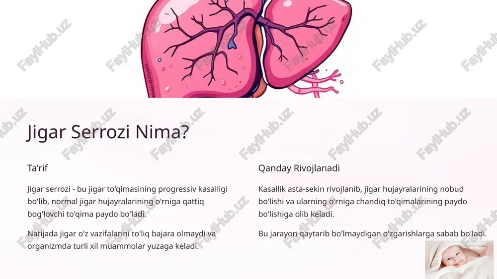 ining tarqalishi va jigar tuzilishining buzilishi. 4-bosqich: serroz jigar to'qimasining to'liq o'zgarishi va organlarning ishdan chiqishi xavfi. 6 zamonaviy davolash usullari dori-darmon terapiyasi gepatoprotektor preparatlar, vitaminyuksasinish va yallig'lanishga qarshi dorilar jigar hujayralarini himoya qiladi. antiviral davolash virusli gepatit b va c holatlarida maxsus antiviral preparatlar qo'llaniladi. immunosupressiv terapiya otoimmun jigar kasalliklarida immunitetni bostiruvchi dorilar ishlatiladi. og'ir hollarda jigar transplantatsiyasi zarur bo'lishi mumkin. bu operatsiya hayotni saqlab qoluvchi eng samarali usul hisoblanadi. 7 parhez va hayot tarzi tavsiya etiladi oqsil miqdorini cheklash tuz iste'molini kamaytirish ko'p miqdorda meva va sabzavot yetarli suyuqlik ichish vitamin qo'shimchalari taqiqlanadi yog'li va qovurilgan ovqatlar gazlangan ichimliklar haddan tashqari shirin ovqatlar og'ir jismoniy mashqlar stress va ortiqcha charchoq 8 asoratlar va oldini olish mumkin bo'lgan asoratlar portal gipertenziya, qorin bo'shlig'ida suyuqlik to'planishi, jigar ensefalopatiyasi va qon ketish xavfi. profilaktika choralari muntazam tibbiy ko'riklar, emlash jadvaliga rioya qilish, sog'lom turmush tarzi va stress bilan kurash. kuzatuv dasturi …