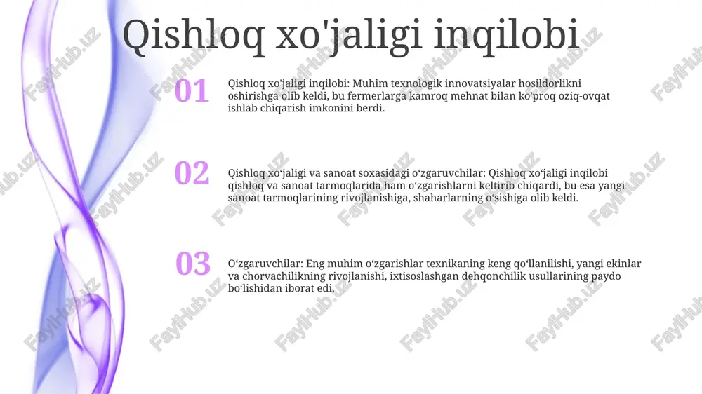 ilandi. fermer xo‘jaligini mexanizatsiyalash: traktorlar, kombaynlar va sug‘orish tizimlari kabi texnikalardan foydalanish orqali qishloq xo‘jaligi unumdorligini oshirish. qishloq xujaligi va sanoat sohasidagi o'zgarishlar: o'zbekistonda qishloq xo'jaligi va sanoat tarmoqlarini o'zgartirish, shu jumladan texnologiyani joriy etish va ishlab chiqarish jarayonlarini modernizatsiya qilish. ommaviy ishlab chiqarish ommaviy ishlab chiqarish: ixtisoslashgan texnikadan foydalangan holda standartlashtirilgan ishlab chiqarish jarayonlari samaradorlikni oshiradi va xarajatlarni kamaytiradi. qishloq xoʻjaligi (qishloq xoʻjaligi): qishloq xoʻjaligini mexanizatsiyalash, zamonaviy dehqonchilik texnikasini joriy etish va oziq-ovqat mahsulotlariga boʻlgan talabni qondirish uchun qishloq xoʻjaligi yerlarini kengaytirish. “sanoat sohasidagi o‘zgarishlar” (sanoat o‘zgarishlari): neft-kimyo va elektronika kabi yangi tarmoqlarning paydo bo‘lishi, shuningdek, mavjud tarmoqlarni kengaytirish va modernizatsiya qilish. texnologik yutuqlar sanoatdagi yutuqlar: - ishlab chiqarish va ishlab chiqarish jarayonlarini avtomatlashtirish - murakkab vazifalar uchun robototexnika va samaradorlikni oshirish - jarayonni optimallashtirish va samaradorlik uchun ilg'or ma'lumotlar tahlili qishloq xo'jaligidagi texnologik yutuqlar: - qishloq xo'jaligining aniq texnikasini joriy etish - ekinlarni kuzatish va purkash uchun dronlardan …